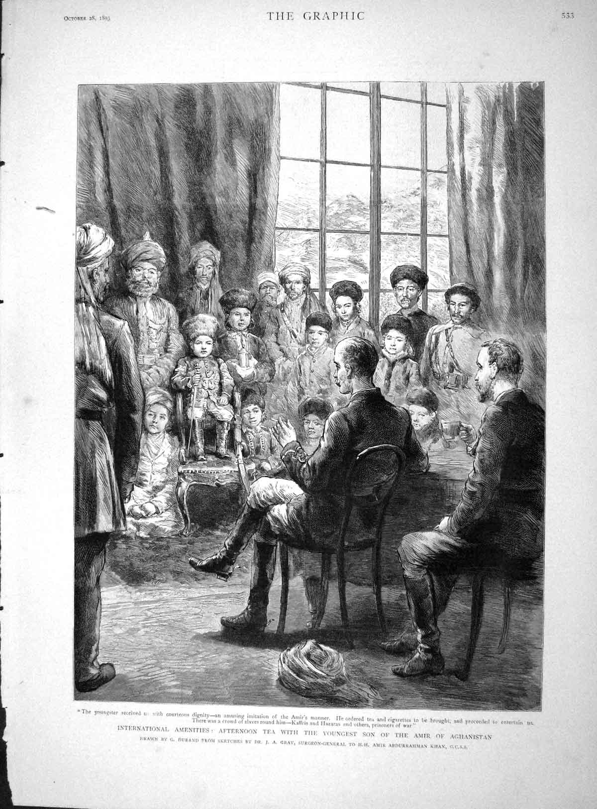 Original Old Antique Print 1893 Afternoon Tea Youngest Sonn Amir Afghanistan