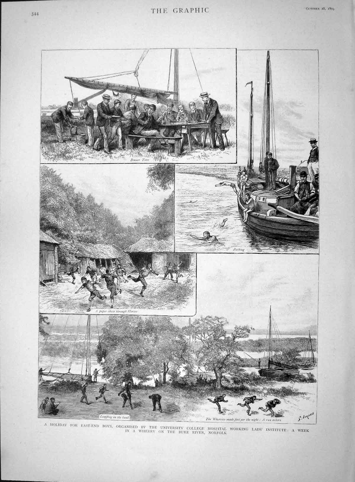 Old Antique Print 1893 East-End Boys University College Working Norfolk 19th