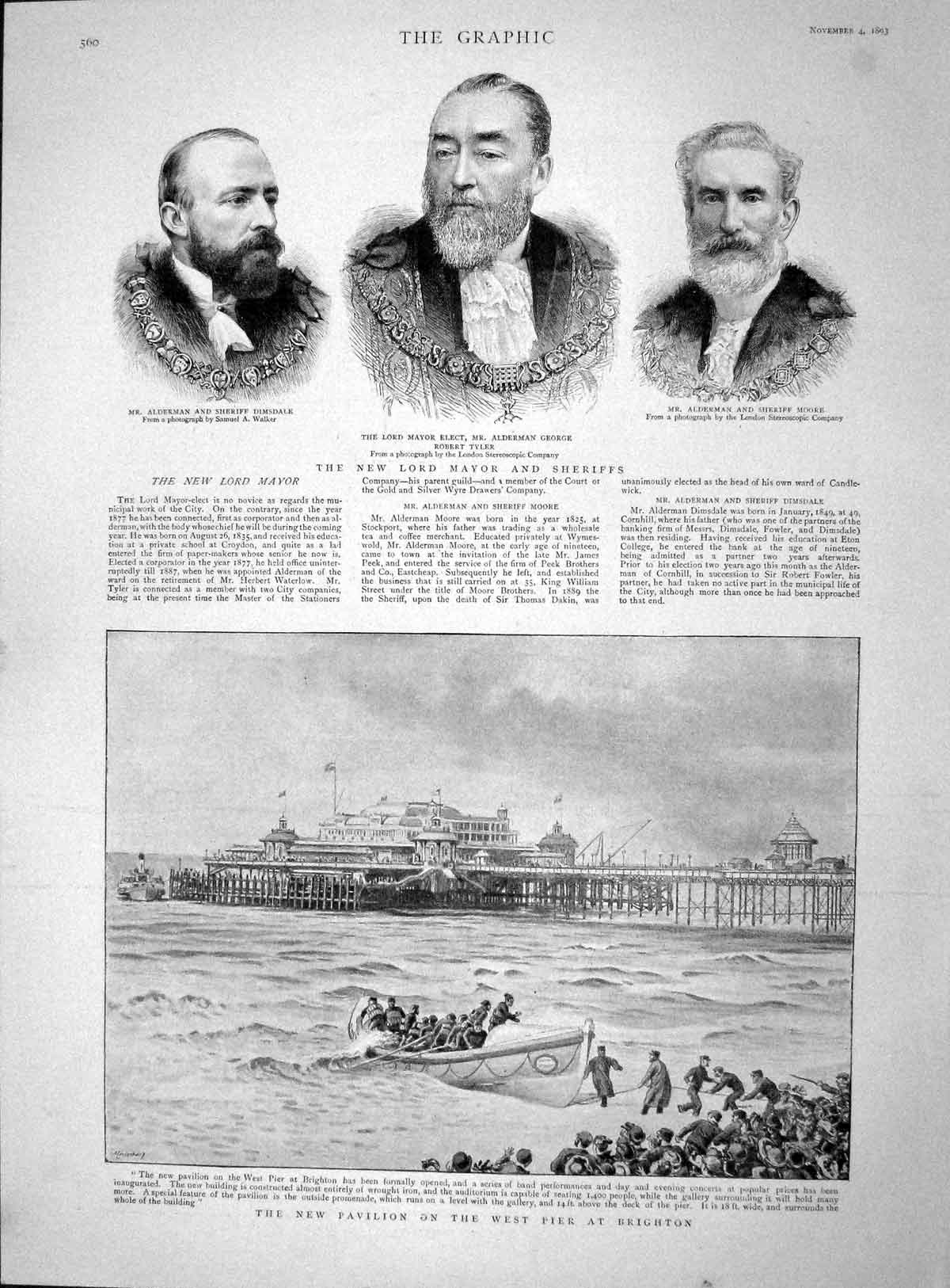 Old Antique Print 1893 Mayor Sherriff George Dimsdale Moore Brighton Pier 19th