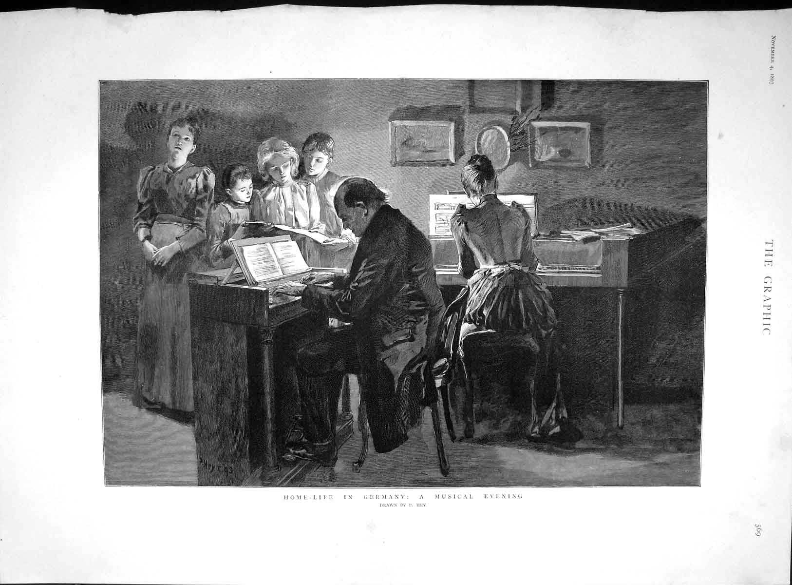 Original Old Antique Print 1893 Home Life Germany Musical Evening Piano Hey