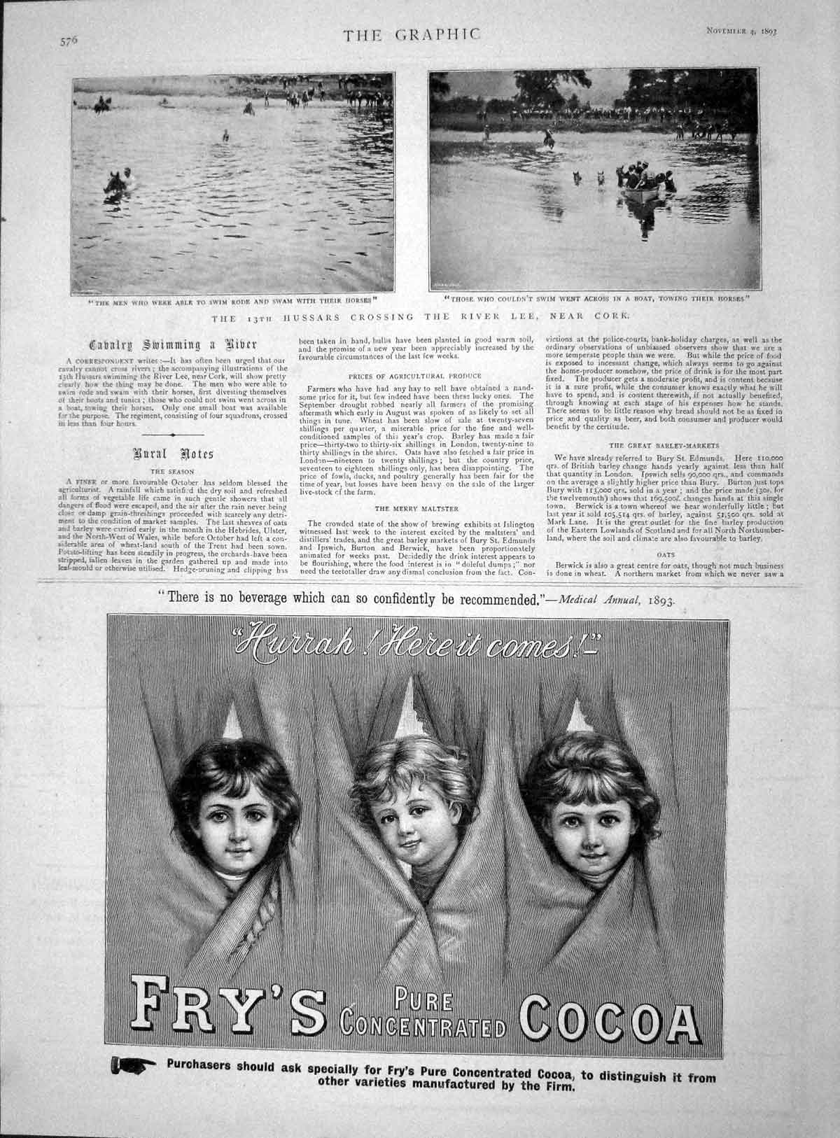 Old Antique Print 1893 Hussars River Lee Cork Ireland Fry'S Cocoa Drink 19th