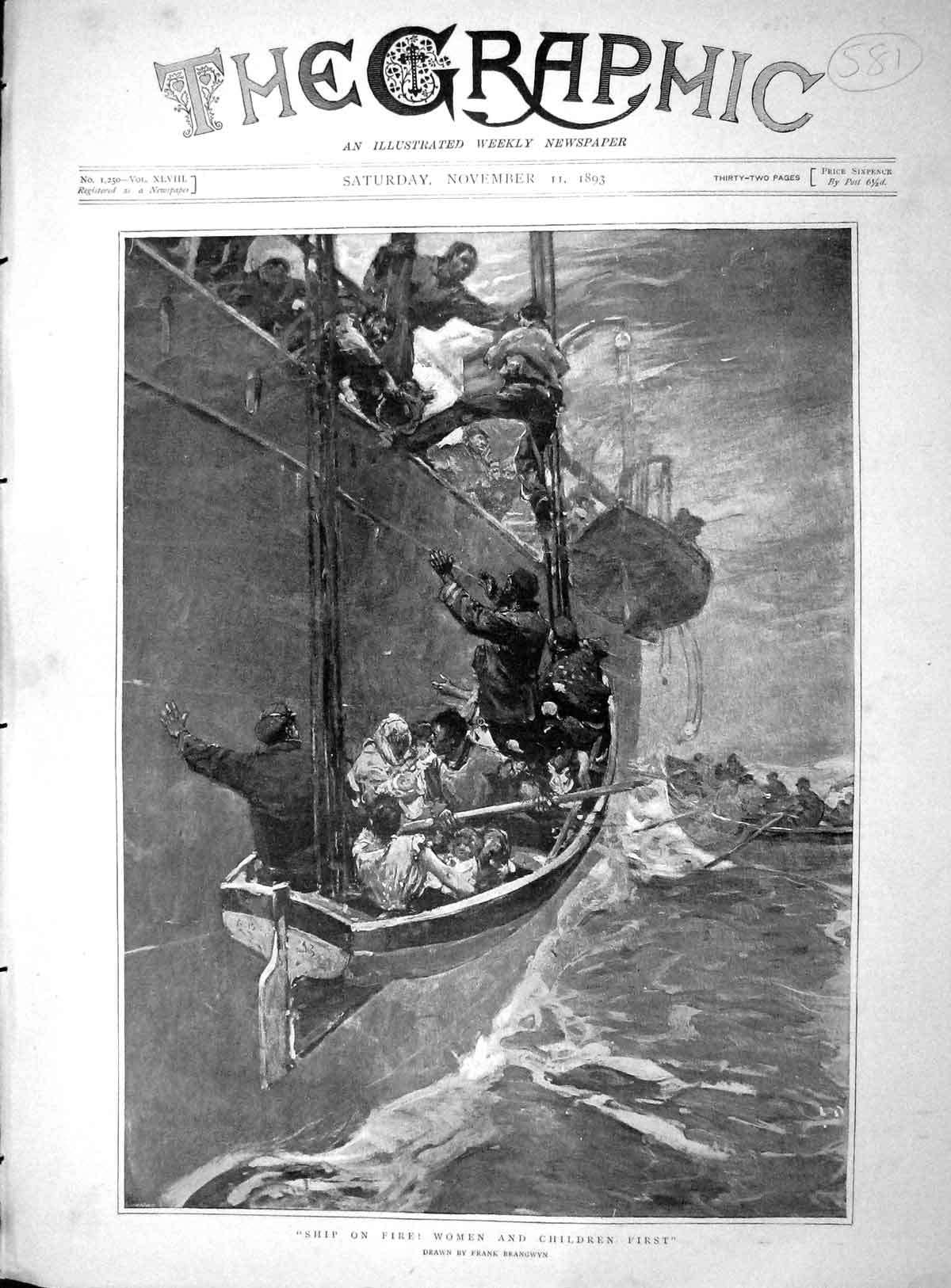 Original Old Antique Print 1893 Ship Fire Women Children Life-Boat Rescue B 19th