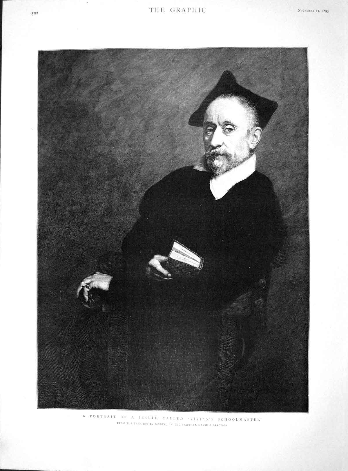 Original Old Antique Print 1893 Portrait Jesuit Titians Schoolmaster Moroni