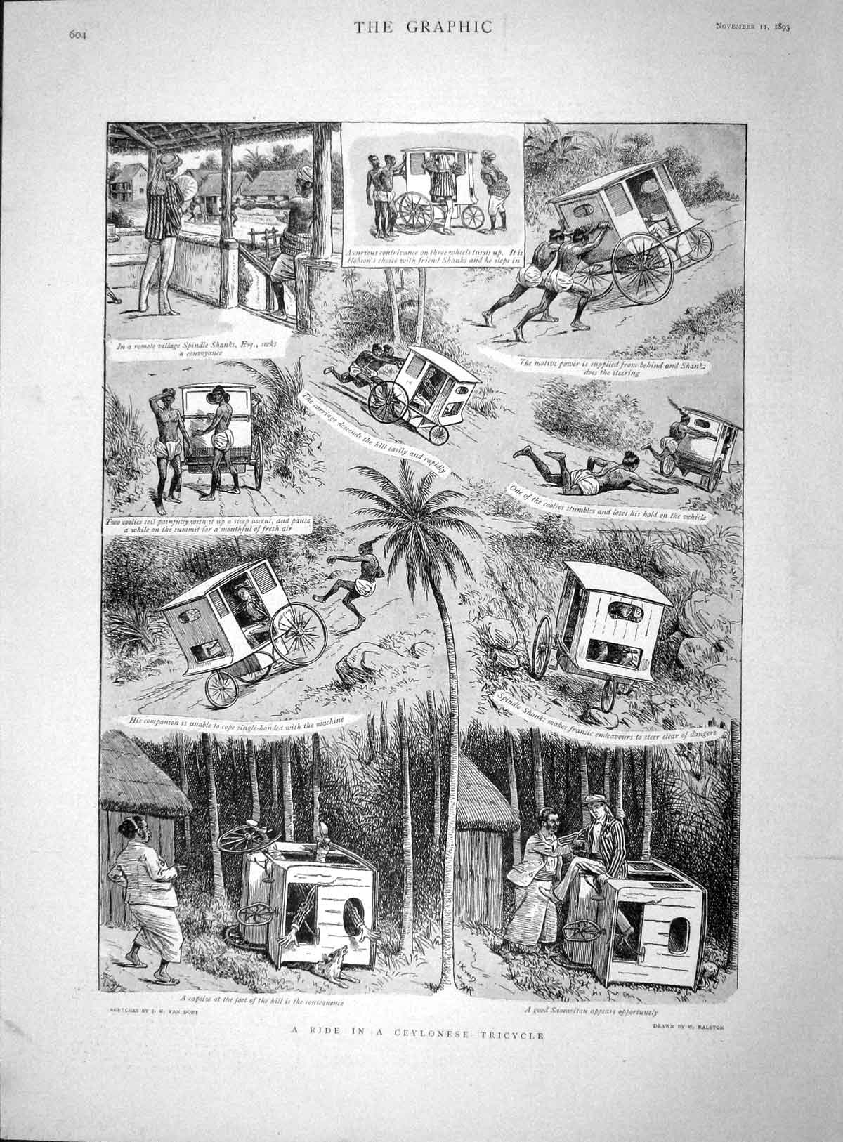 Original Old Antique Print 1893 Ceylonese Tricycle Transport St. Pauls Lambeth