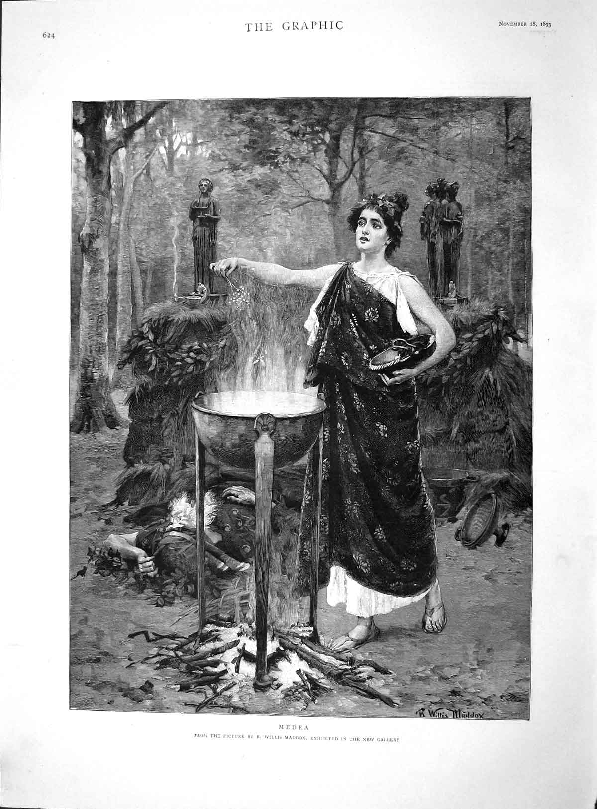 Original Old Antique Print 1893 Maddox Fine Art Beautiful Lady Medea Fir 19th