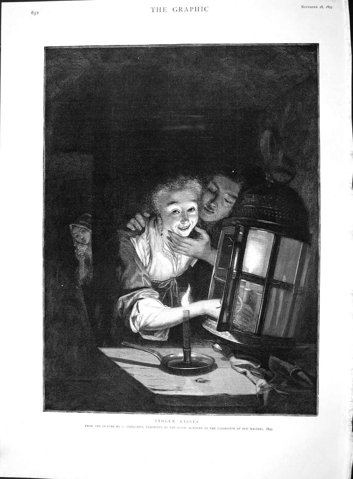 Original Old Antique Print 1893 Stolen Kisses Romance Candle Light Schalcken