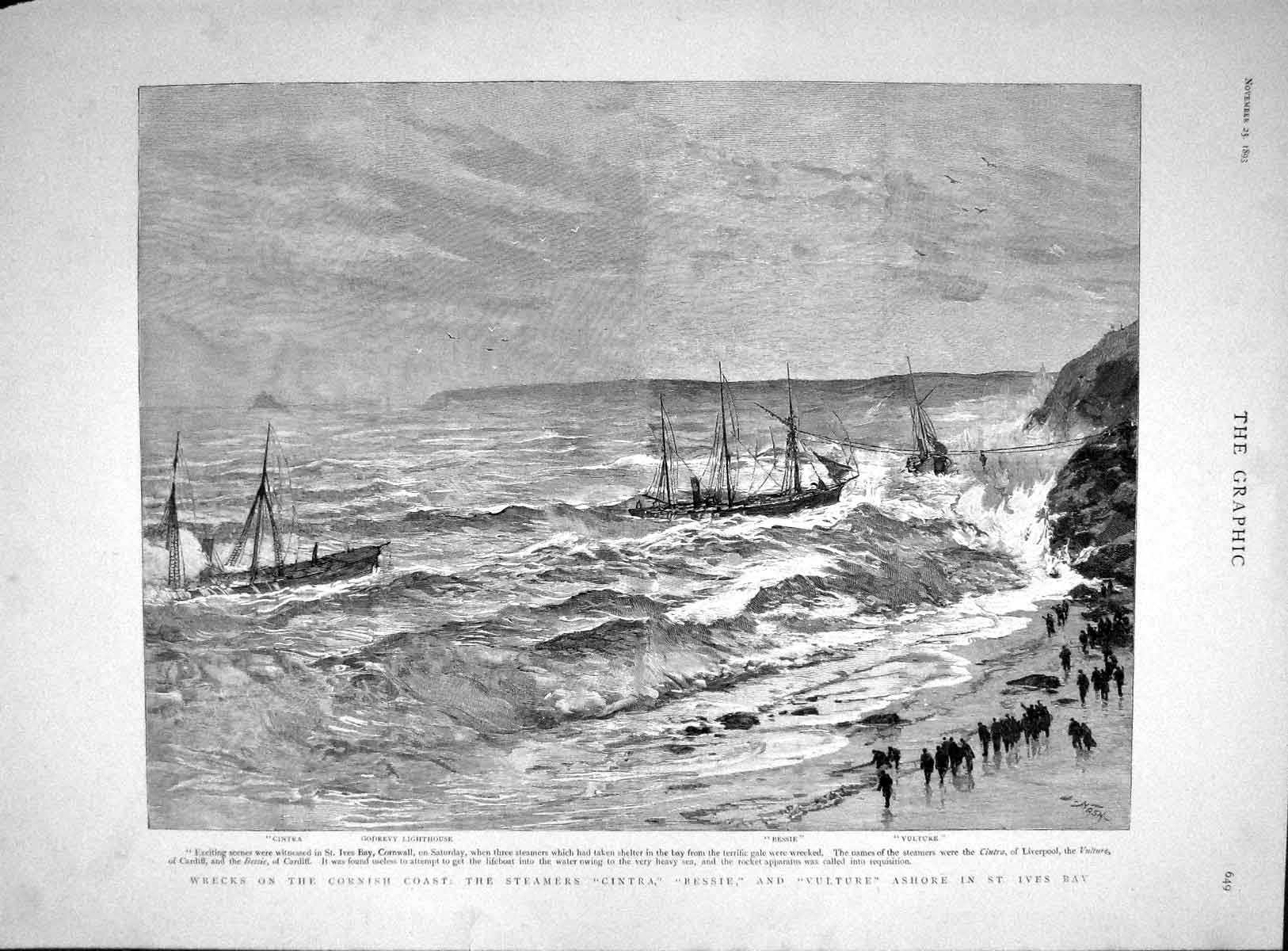 Original Old Antique Print 1893 Ships Cornwall Bessie Vulture Cintra Godre 19th