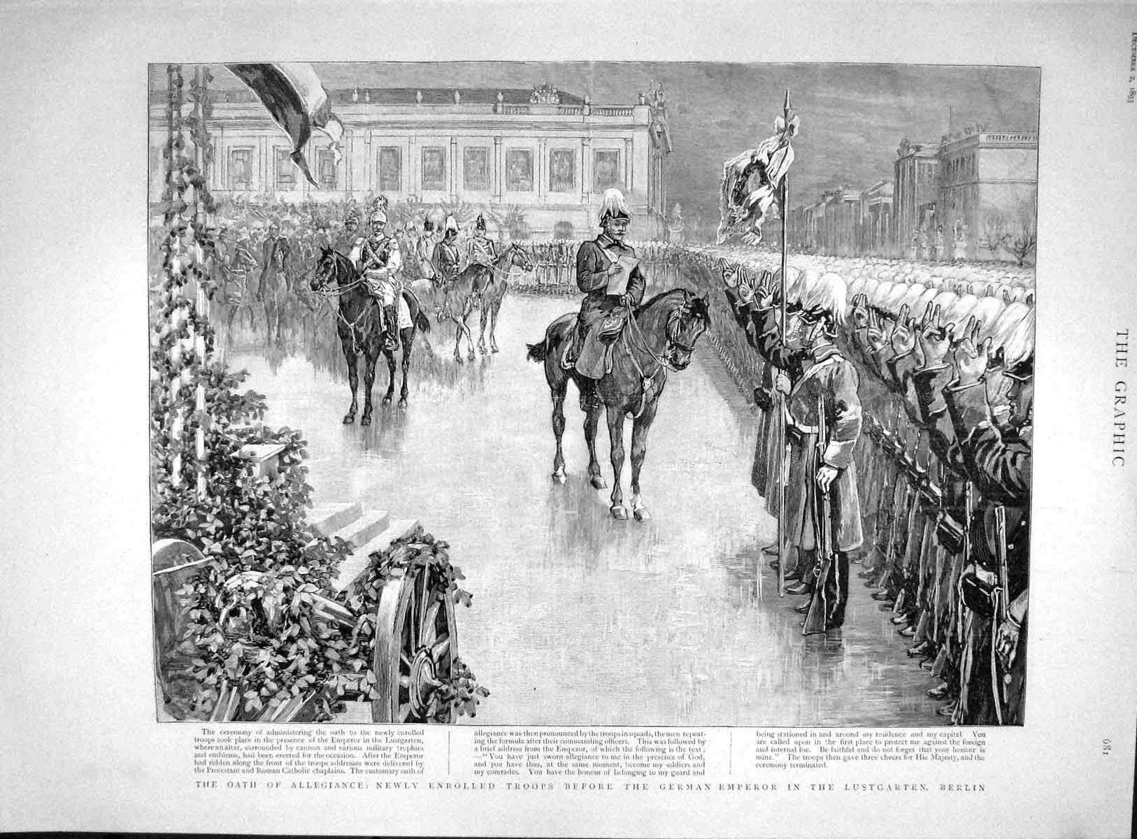 Original Old Antique Print 1893 Oath Allegiance Siers German Emperor Lustgarten