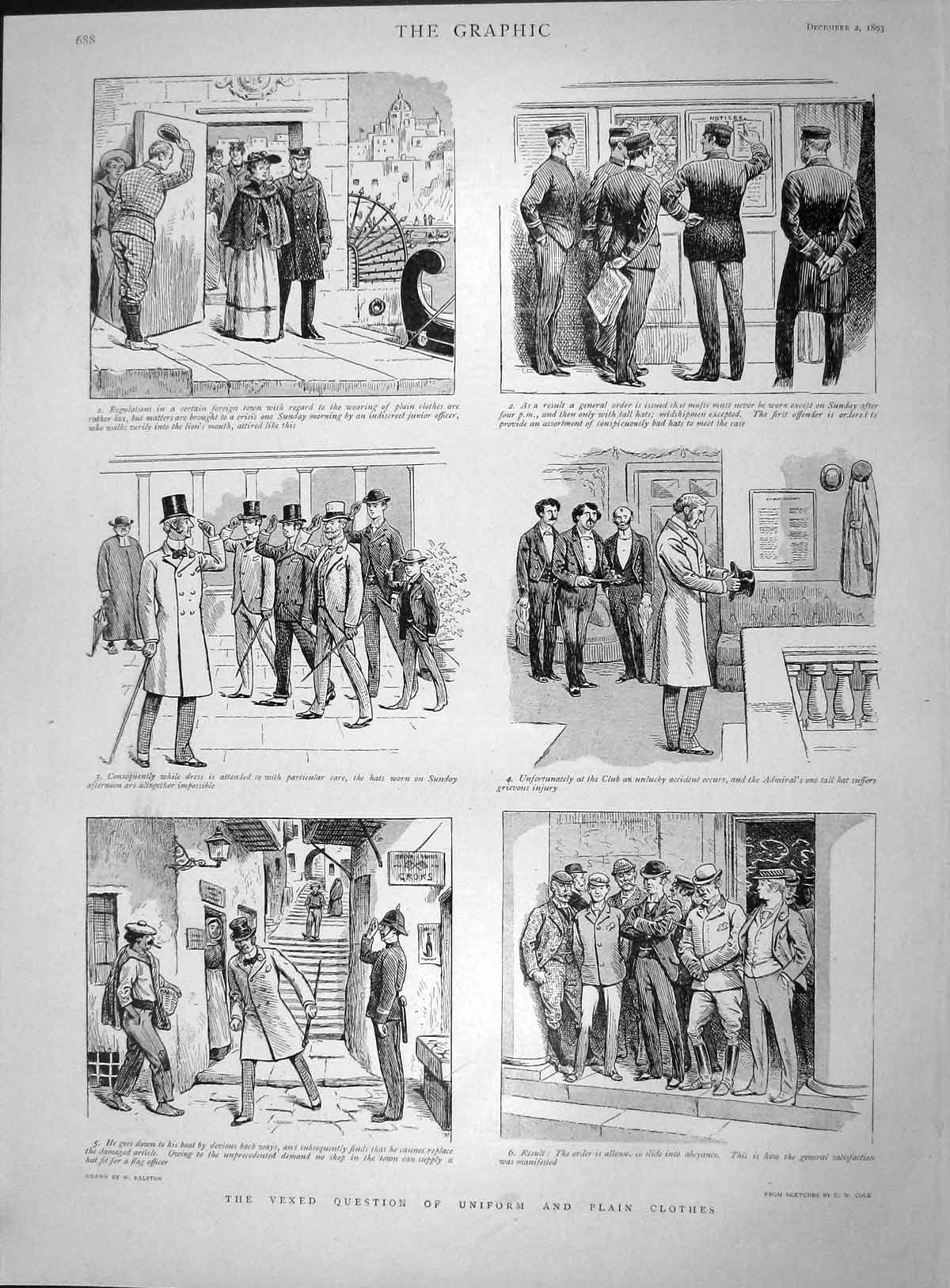 Original Old Antique Print 1893 Question Uniform Plain Clothes Men Police 19th