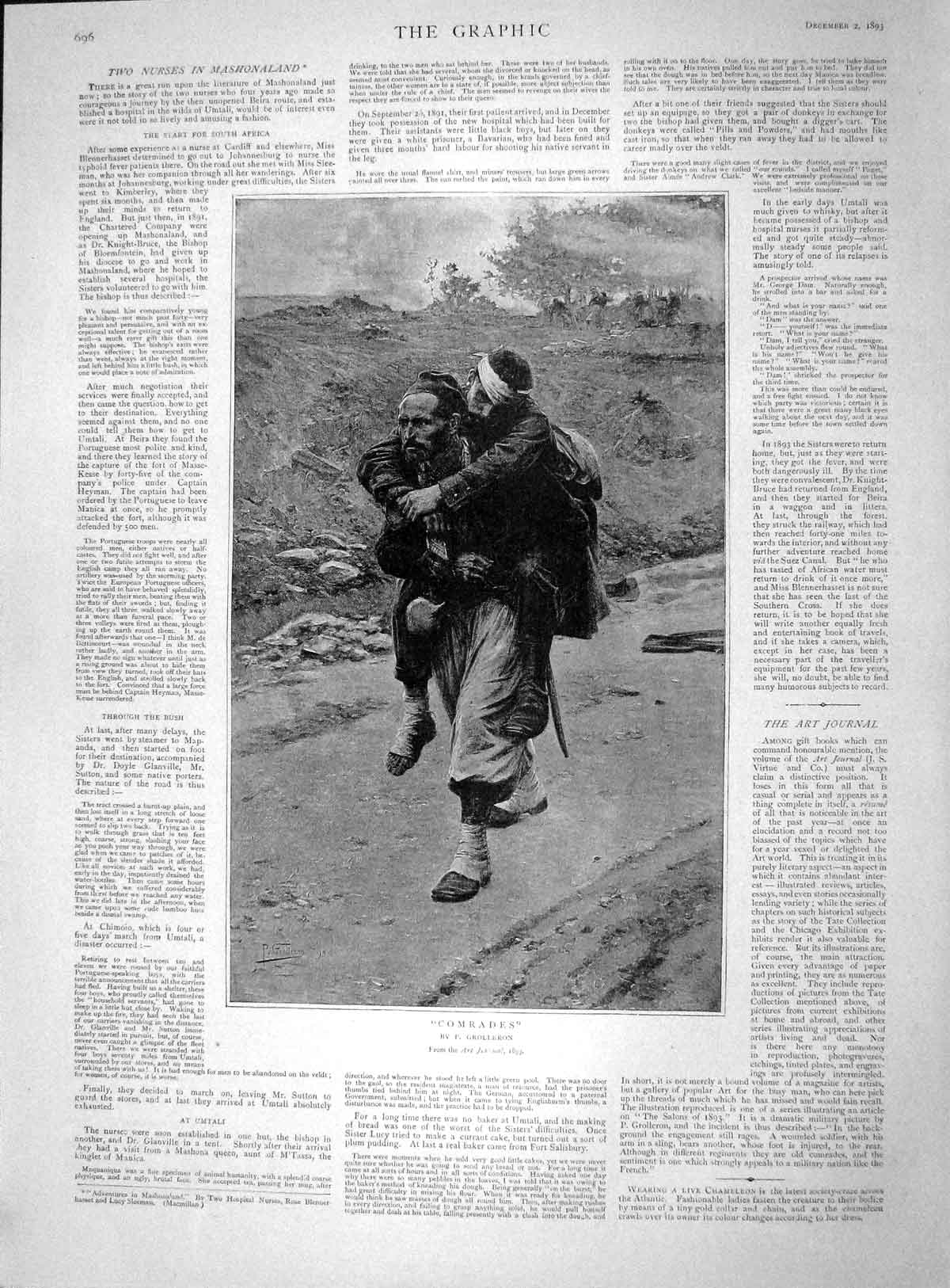 Original Old Antique Print 1893 Comrades Injured War Sier Grolleron Victorian