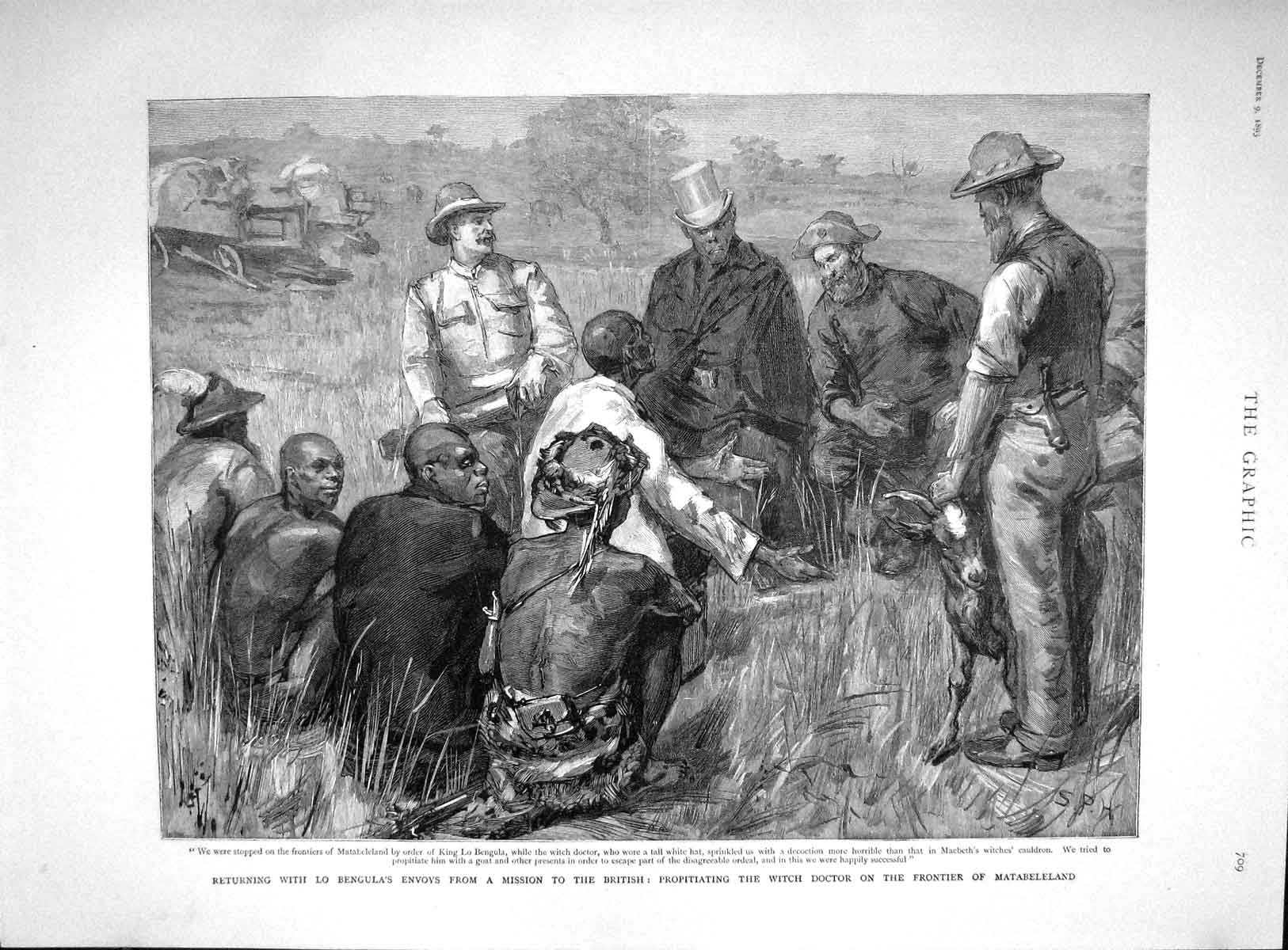 Old Antique Print 1893 King Lo Bengula Envoys Witch Doctor Matabeleland 19th