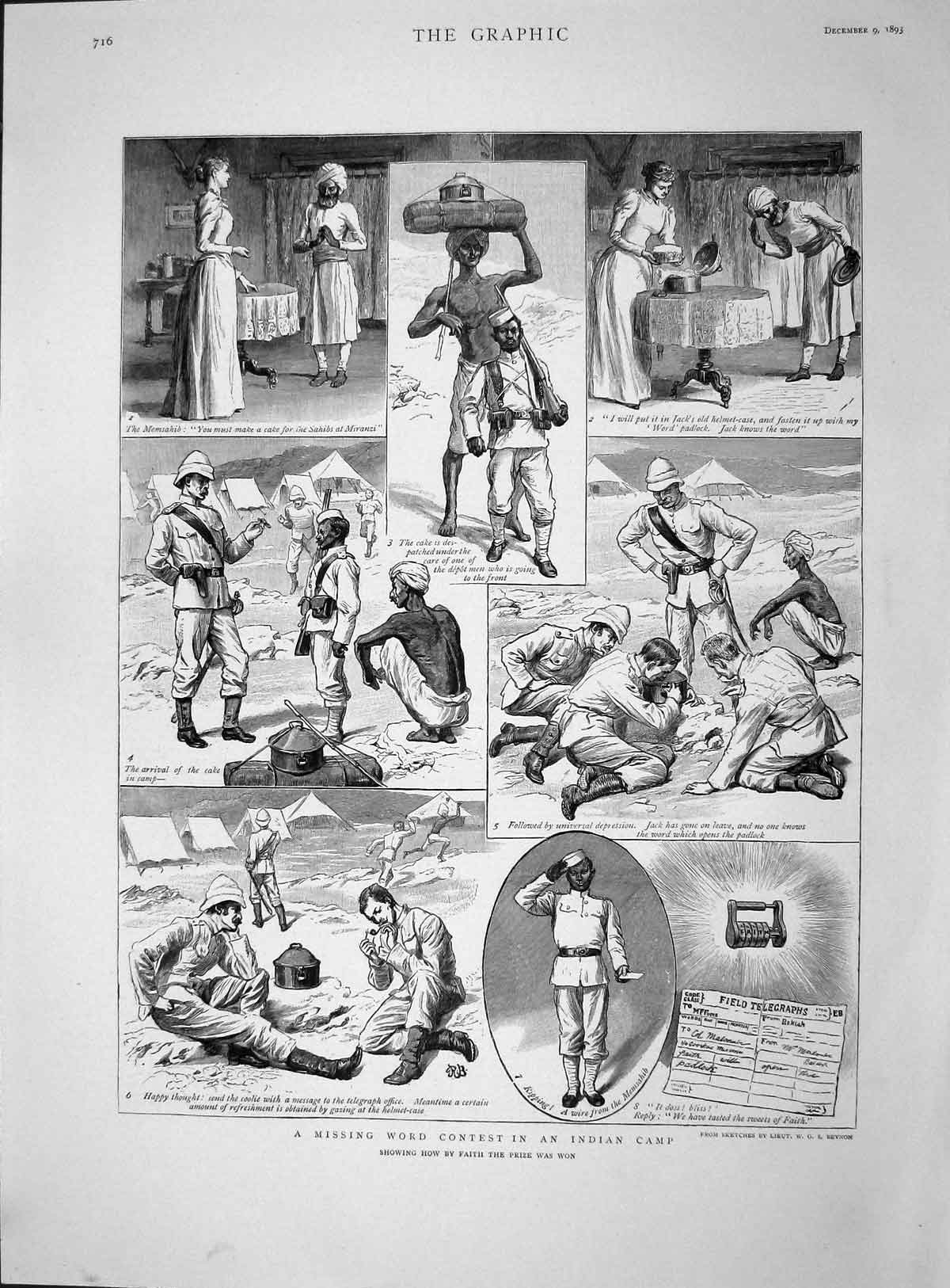 Original Old Antique Print 1893 Indian Camp Siers War Field Telegraph Tents