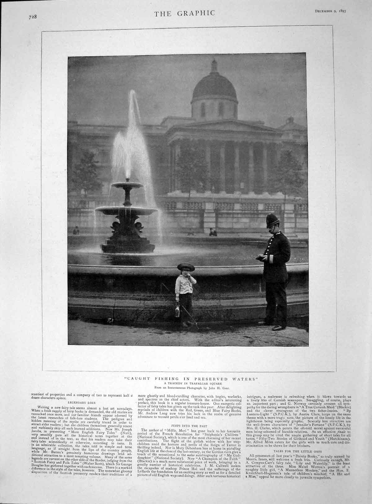 Original Old Antique Print 1893 Caught Fishing Trafalgar Square Boy Fountain