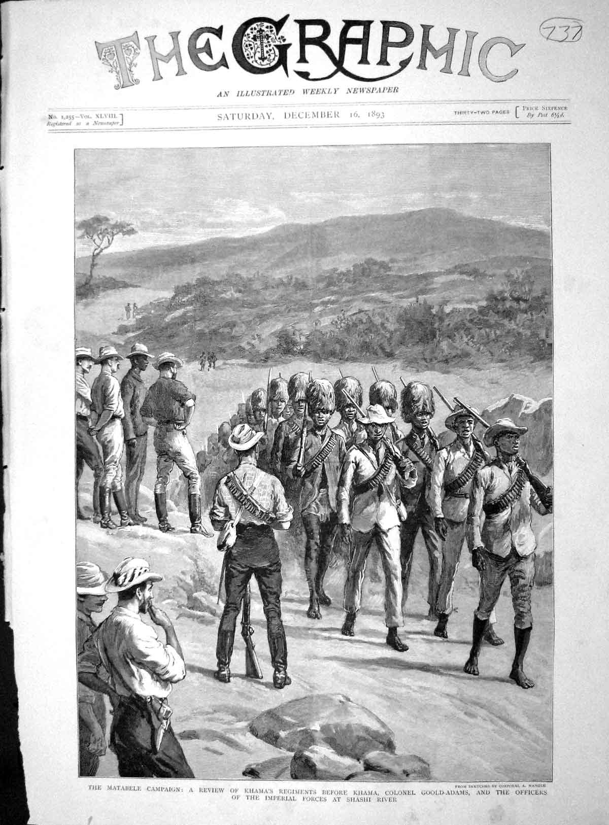 Original Old Antique Print 1893 Matabele Khama Colonel Go-Adams Sha Victorian