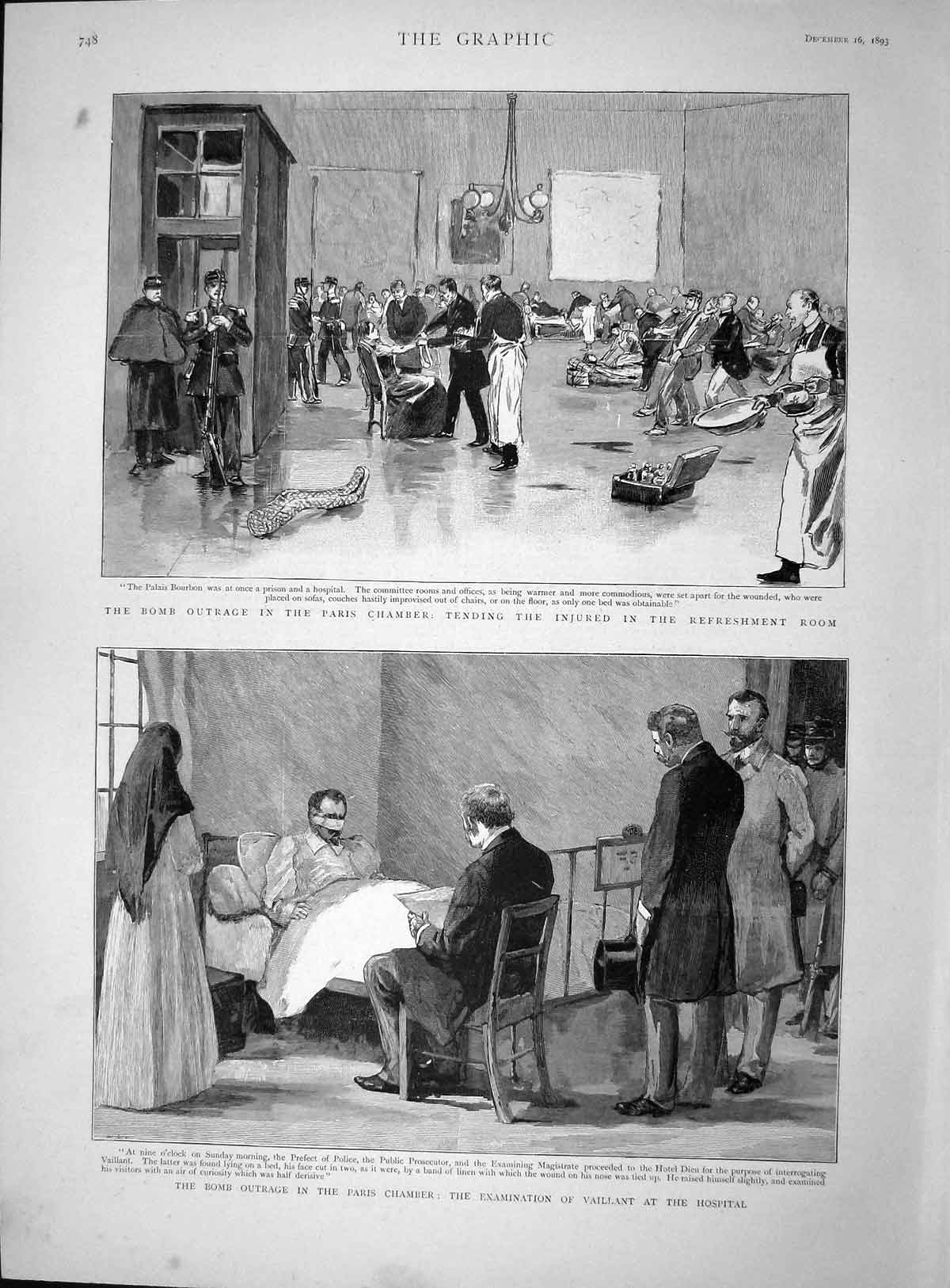 Old Antique Print 1893 Bomb Outrage Paris Vaillant Hospital Guards Egress 19th