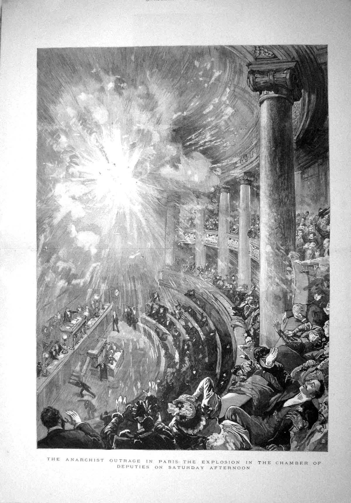 Antique Old Print 1893 Anarchist Outrage Paris Explosion Chamber Deputies 19th