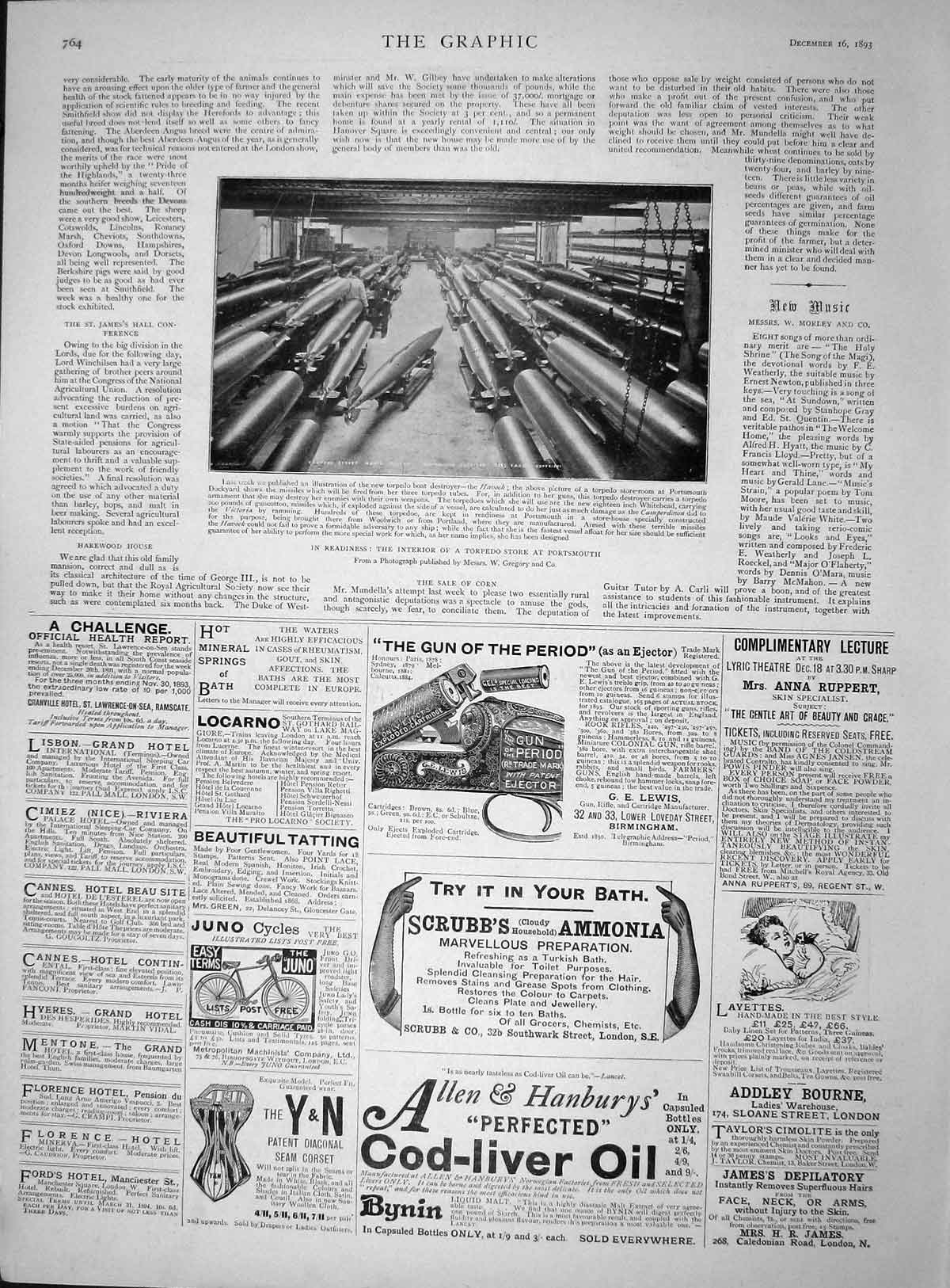 Original Old Antique Print 1893 Interior Torpedo Store Portsmouth Weapons War