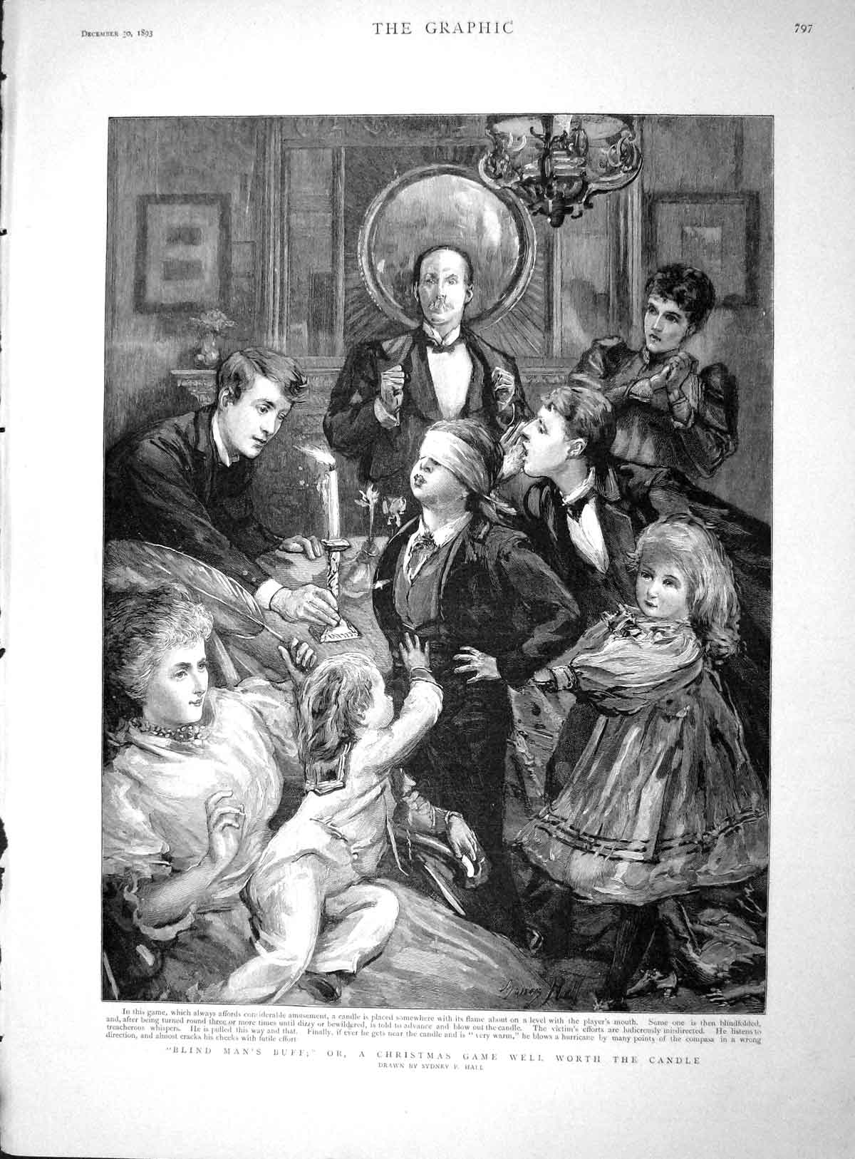 Original Old Antique Print 1893 Blind Man'S Buff Children Christmas Game Candle