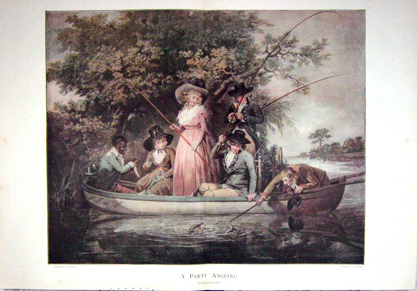 Original Old Antique Print 1893 Colour Party Angling Fishing Boat River 19th