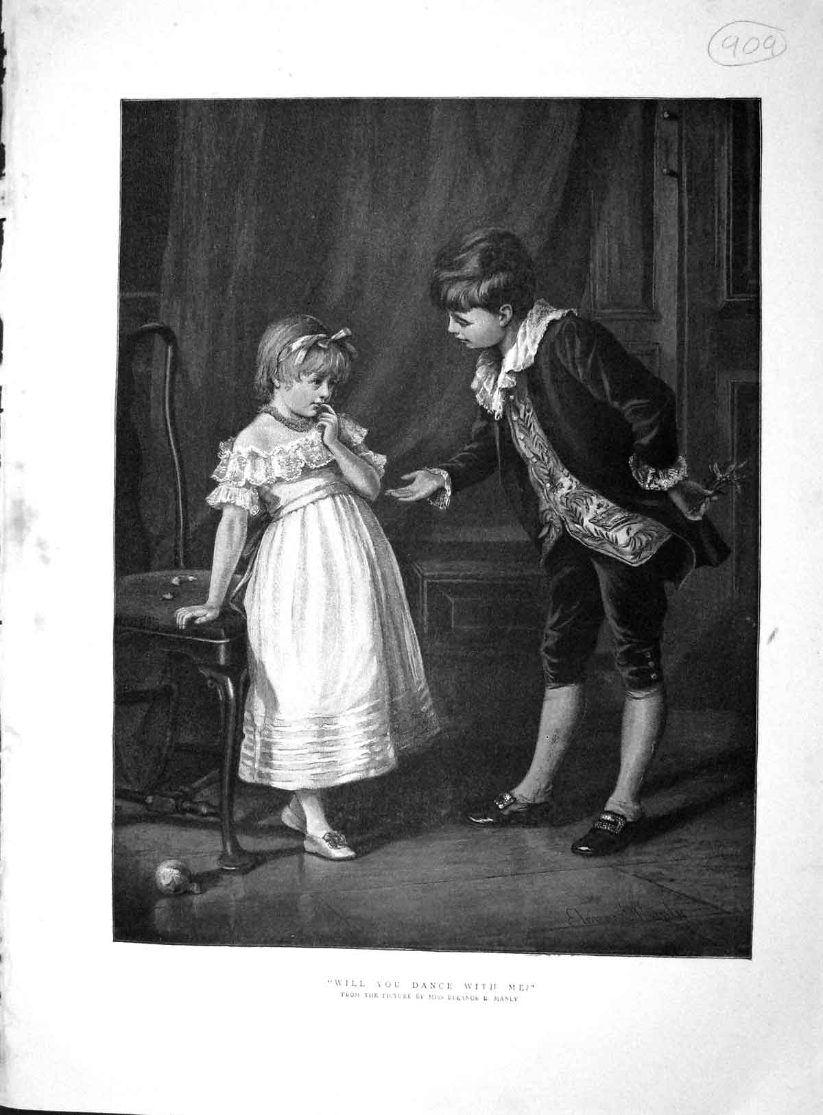 Original Old Antique Print 1893 Colour Will You Dance With Me Young Boy Girl