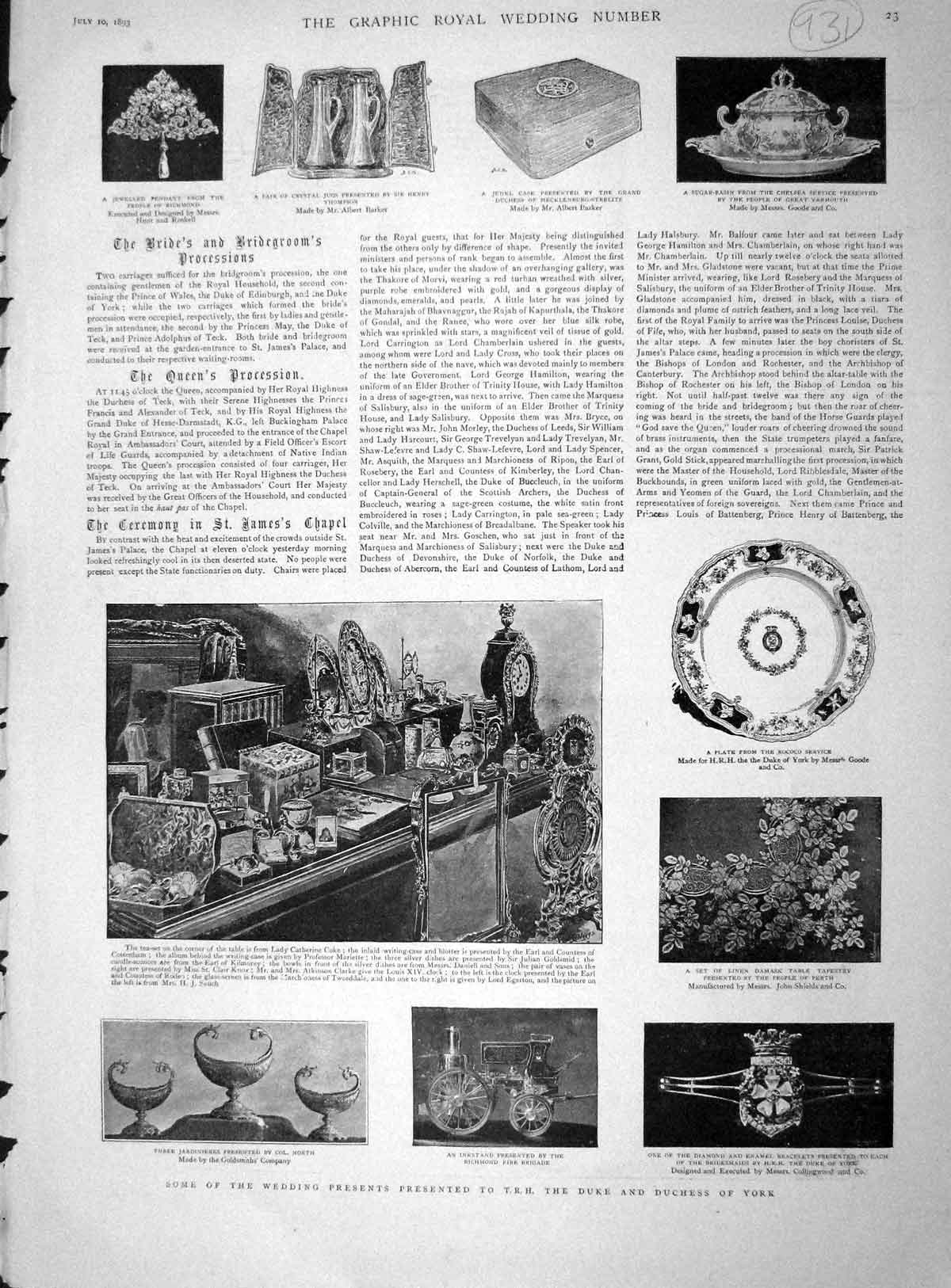 Original Old Antique Print 1893 Royal Wedding Duchess Teck Buckingham Palace