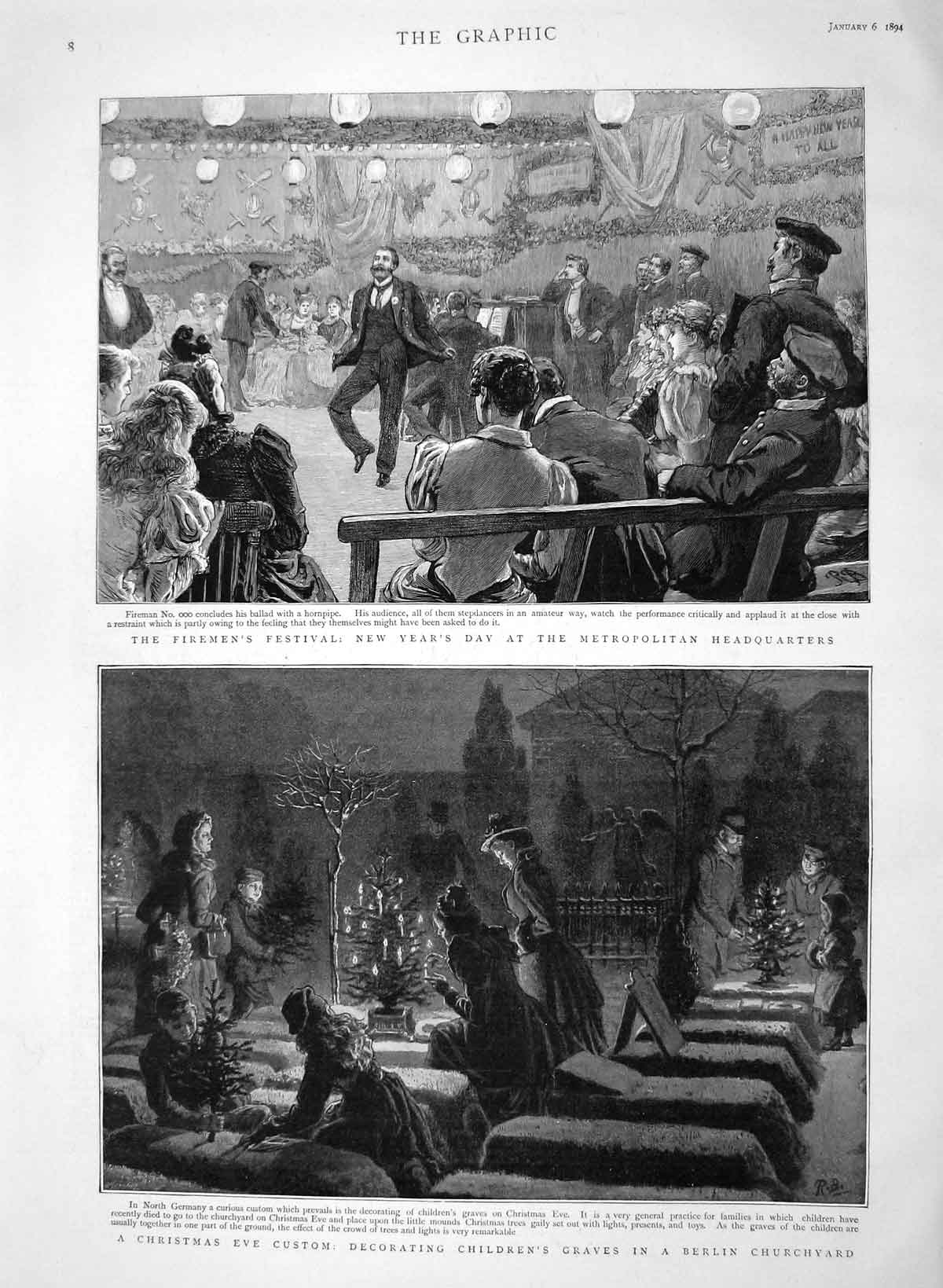 Old Antique Print 1894 Children Graves Berlin Firemen Festival New Year'S 19th
