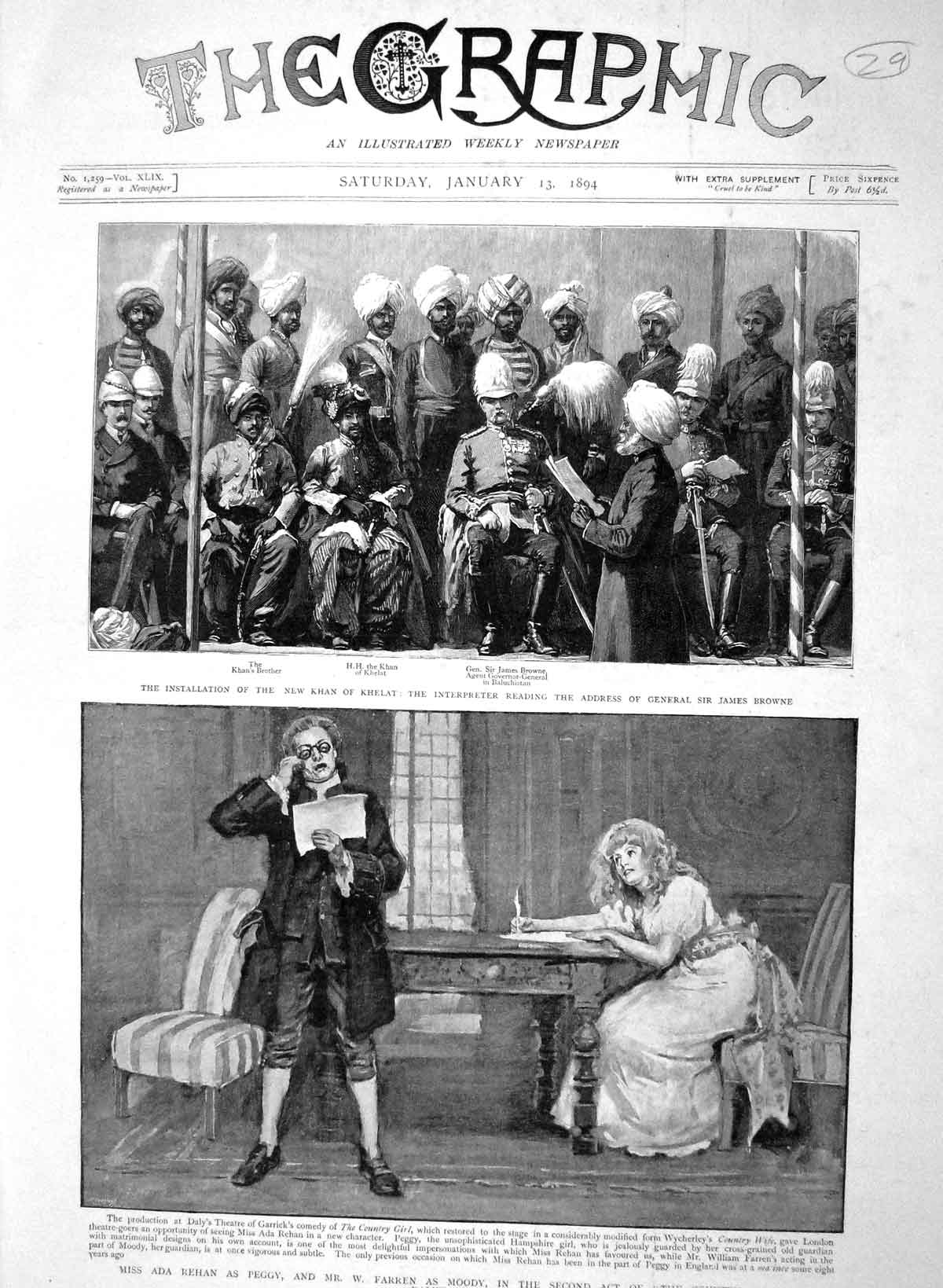 Old Antique Print 1894 Ada Reham Peggy Daly'S Theatre Khan Khelat Browne 19th