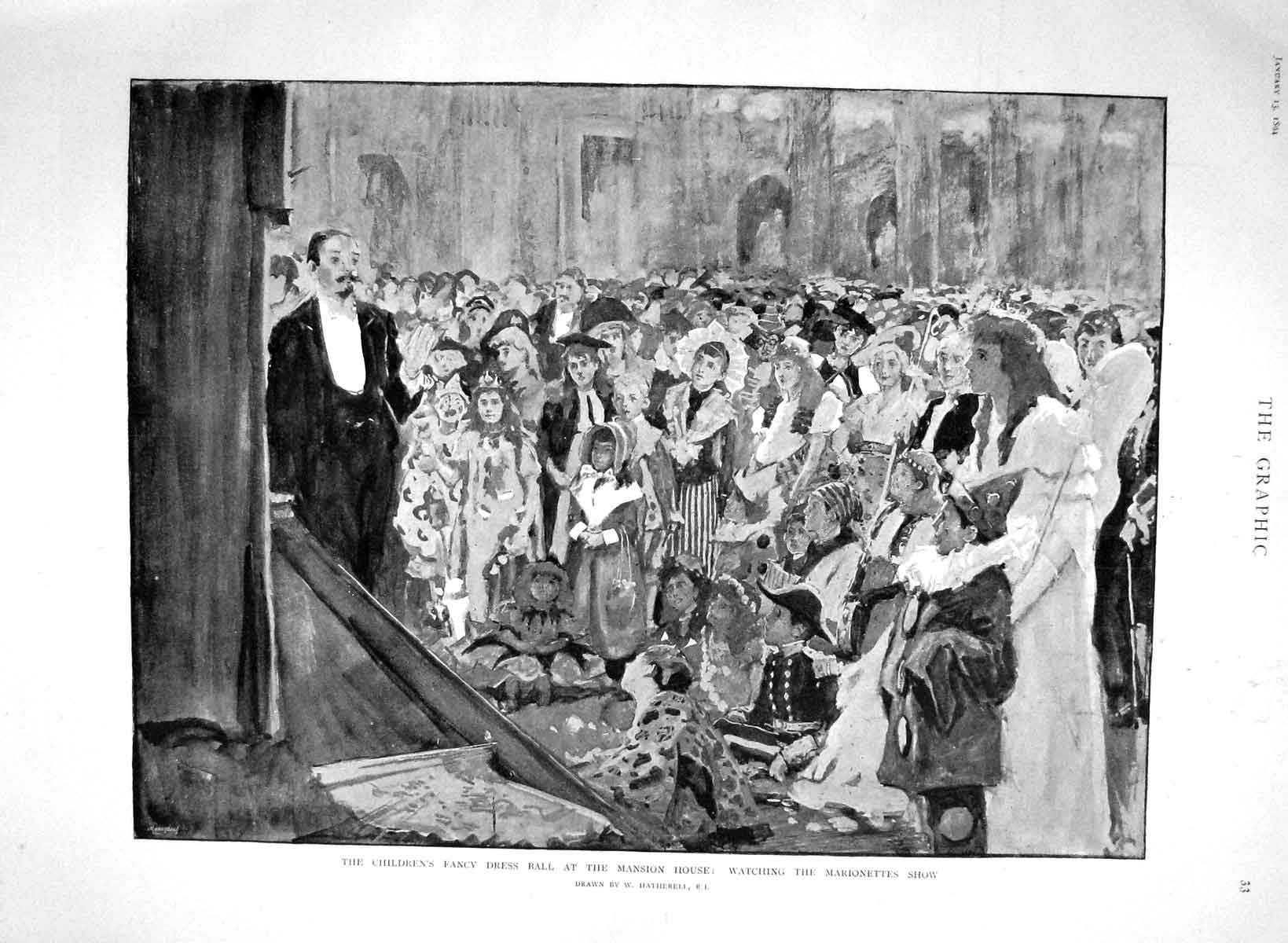 Original Old Antique Print 1894 Children Fancy Dress Ball Mansion Marionettes