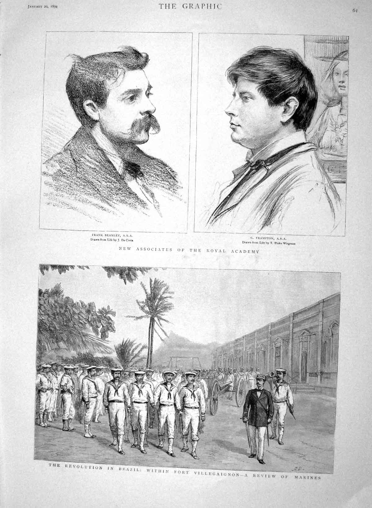 Original Old Antique Print 1894 Frank Bramley Frampton Brazil Fort Villegaignon