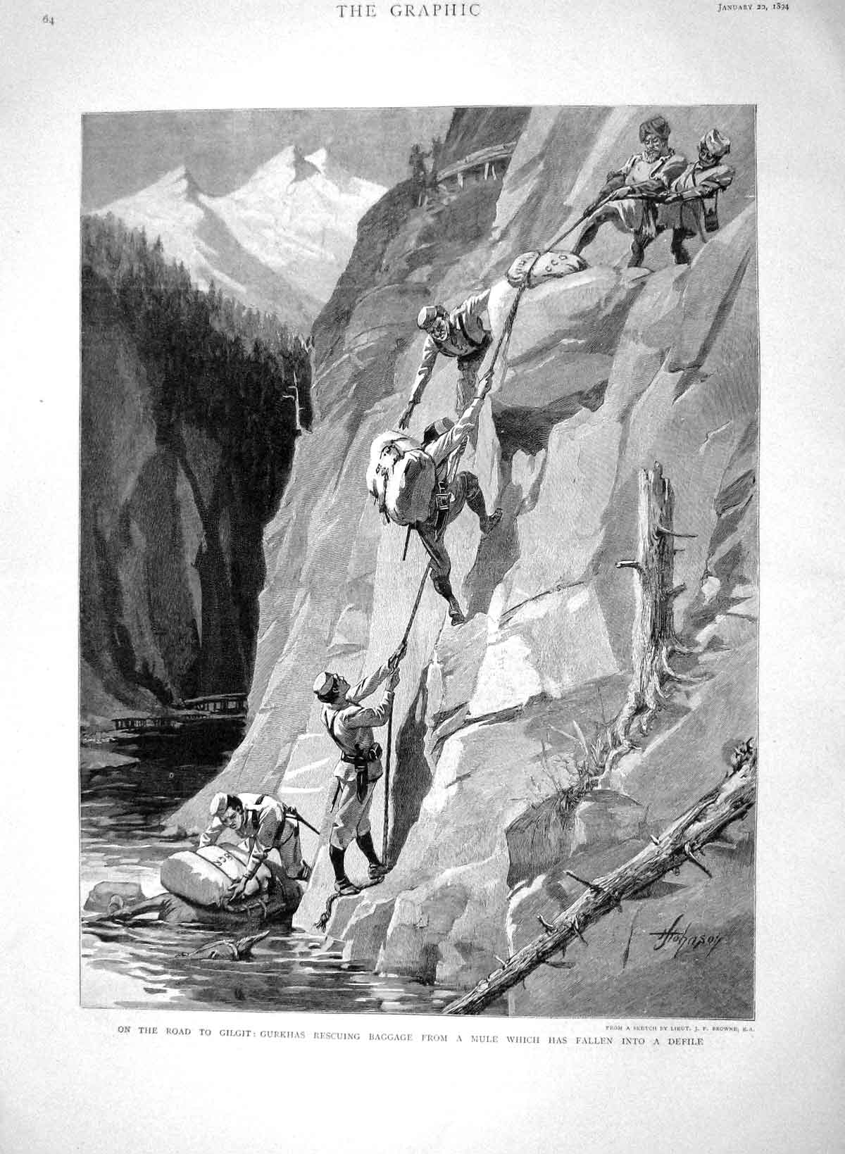 Original Old Antique Print 1894 Gilgit Gurkhas Baggage Mule Dead Defile Mo 19th