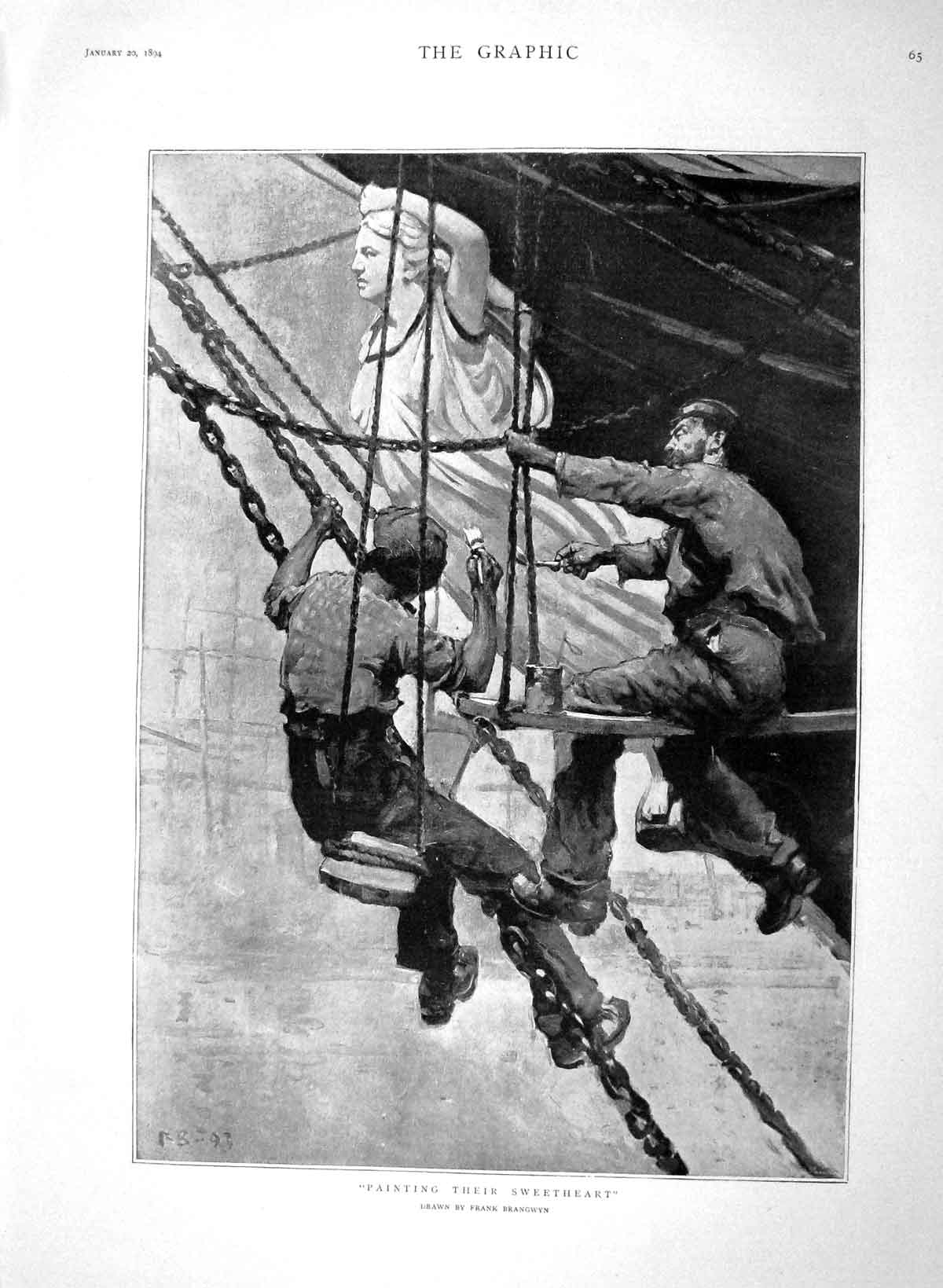 Original Old Antique Print 1894 Brangwyn Fine Art Painting Ships Queen Victorian