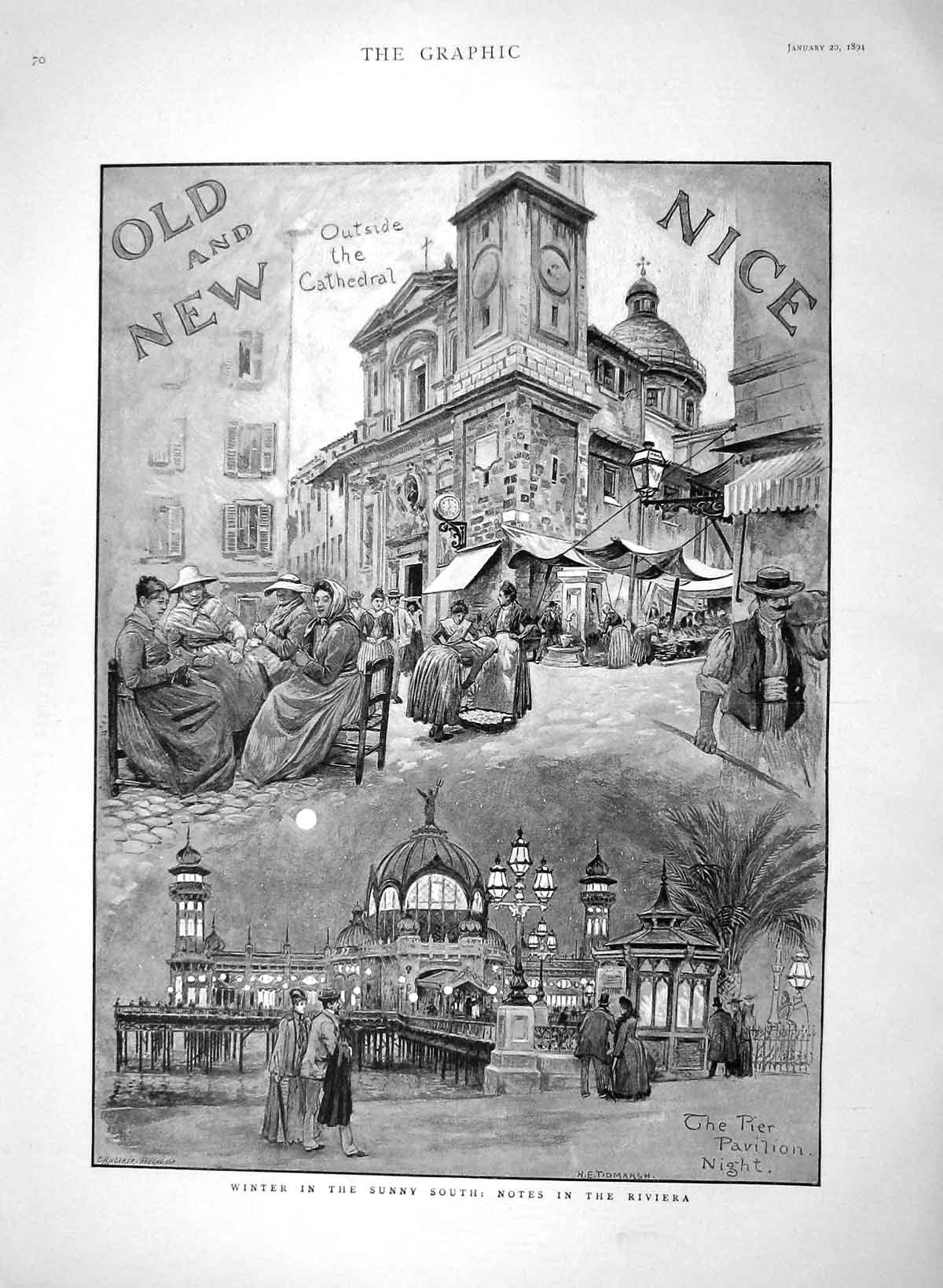 Original Old Antique Print 1894 Winter Scene France Riviera Nice Cathedral 19th