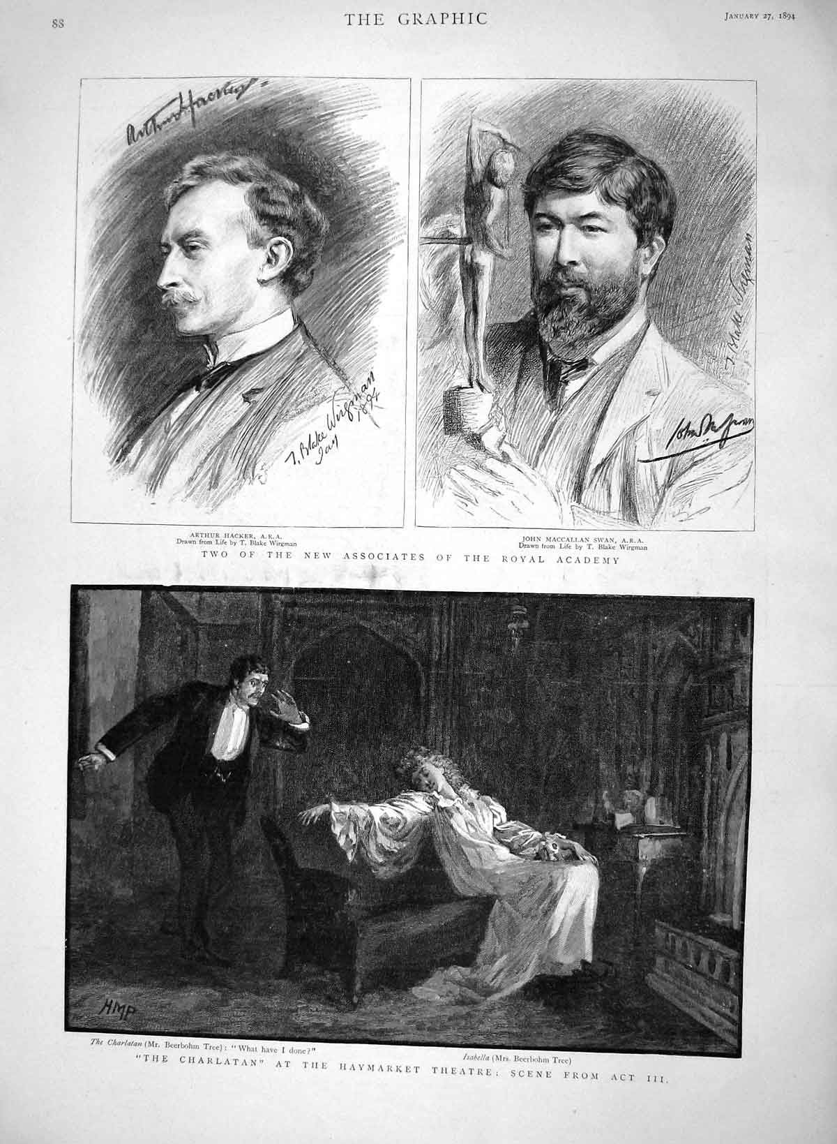 Original Old Antique Print 1894 Arthur Hacker John Swan Haymarket Theatre Tree