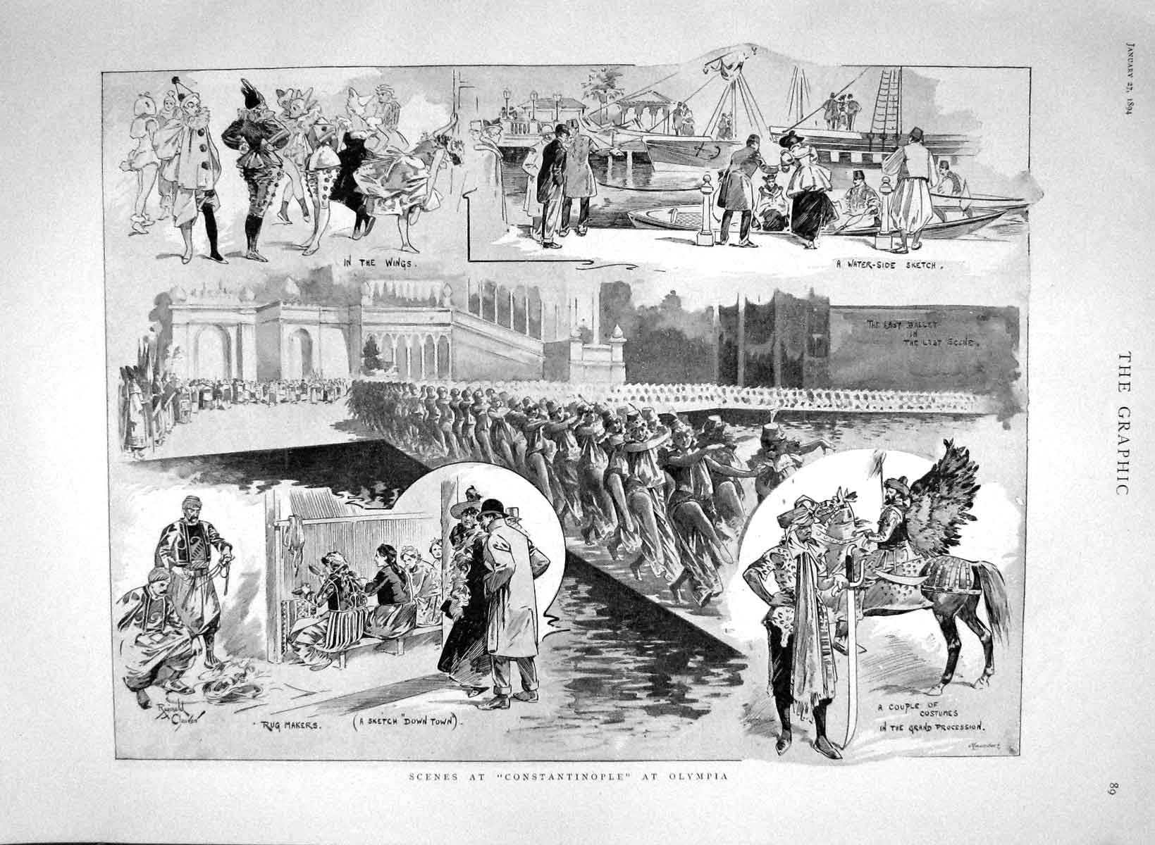 Old Antique Print 1894 Constatinople Olympia Costumes Clowns Rug Makers 19th