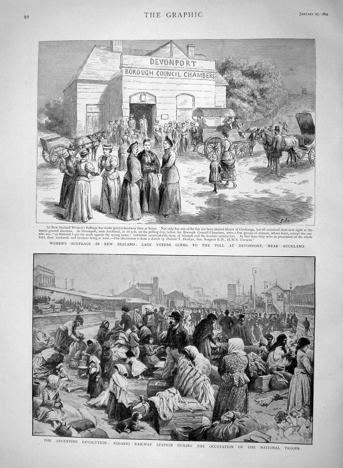 Old Antique Print 1894 Women Suffrage New Zealand Rosario Railway Troops 19th