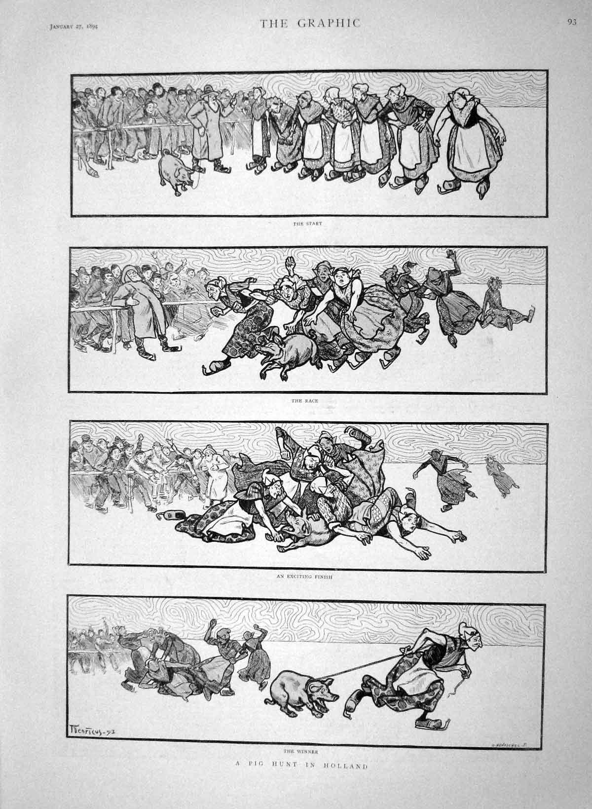 Original Old Antique Print 1894 Pig Hunting Holland Comedy Scene 19th