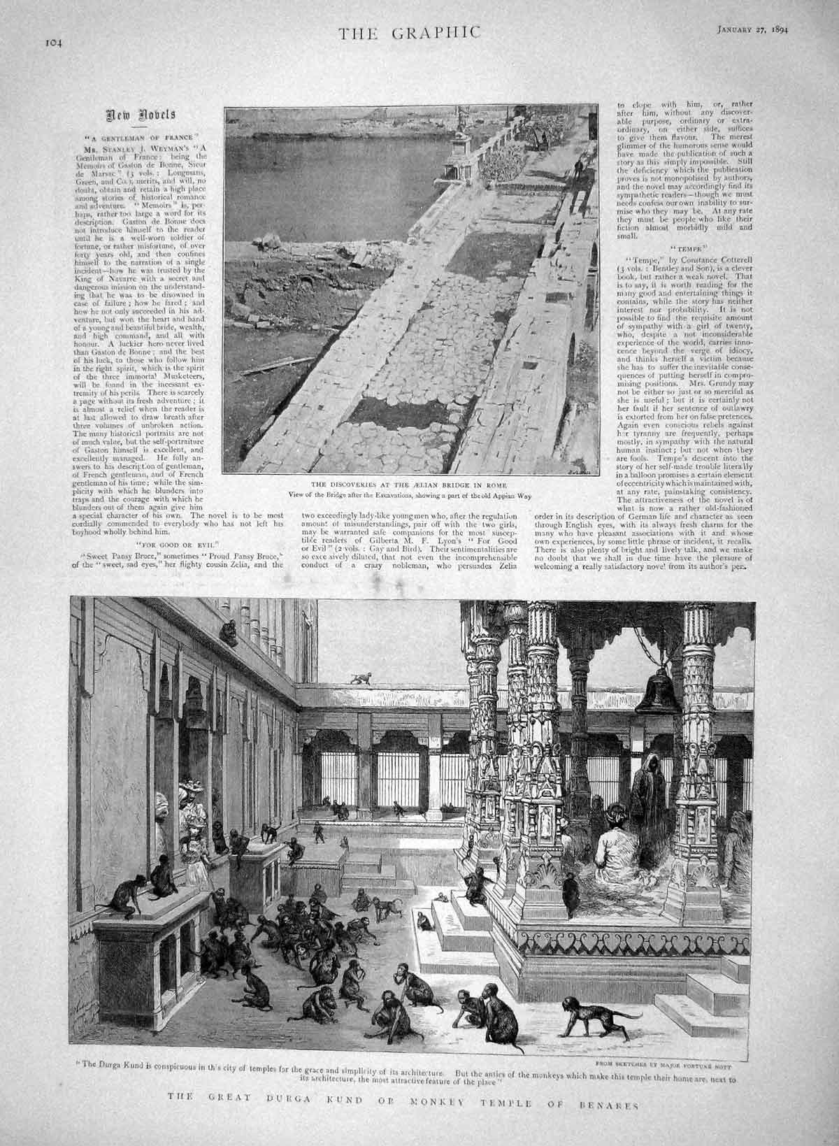 Original Old Antique Print 1894 Durga Kund Monkey Temple Benares Aelian Bridge