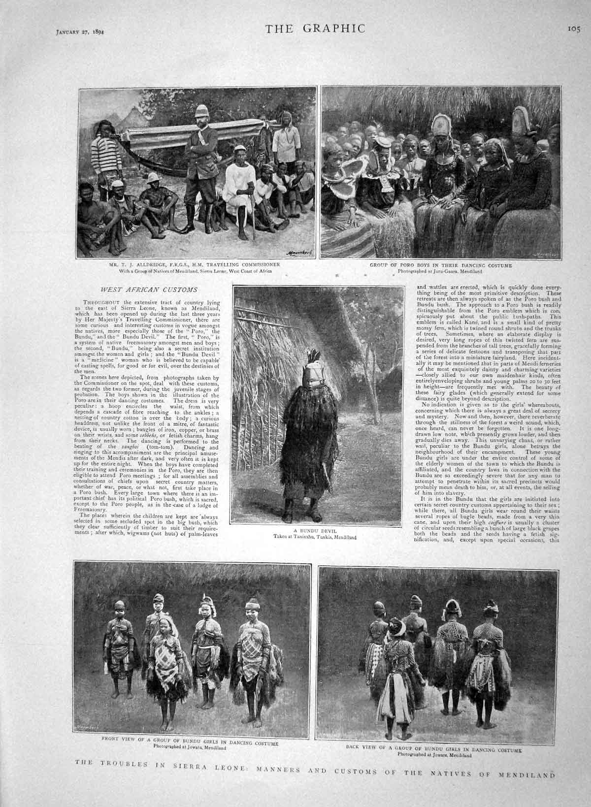 Original Old Antique Print 1894 Sierra Leone Mendiland Bundu Devil Alldrid 19th