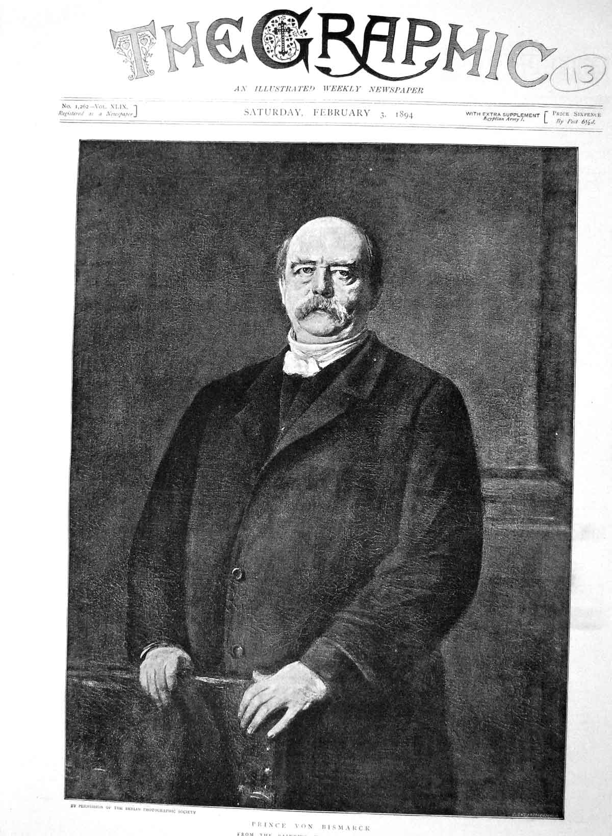 Original Old Antique Print 1894 Portrait Prince Von Bismarck Fine Art Victorian