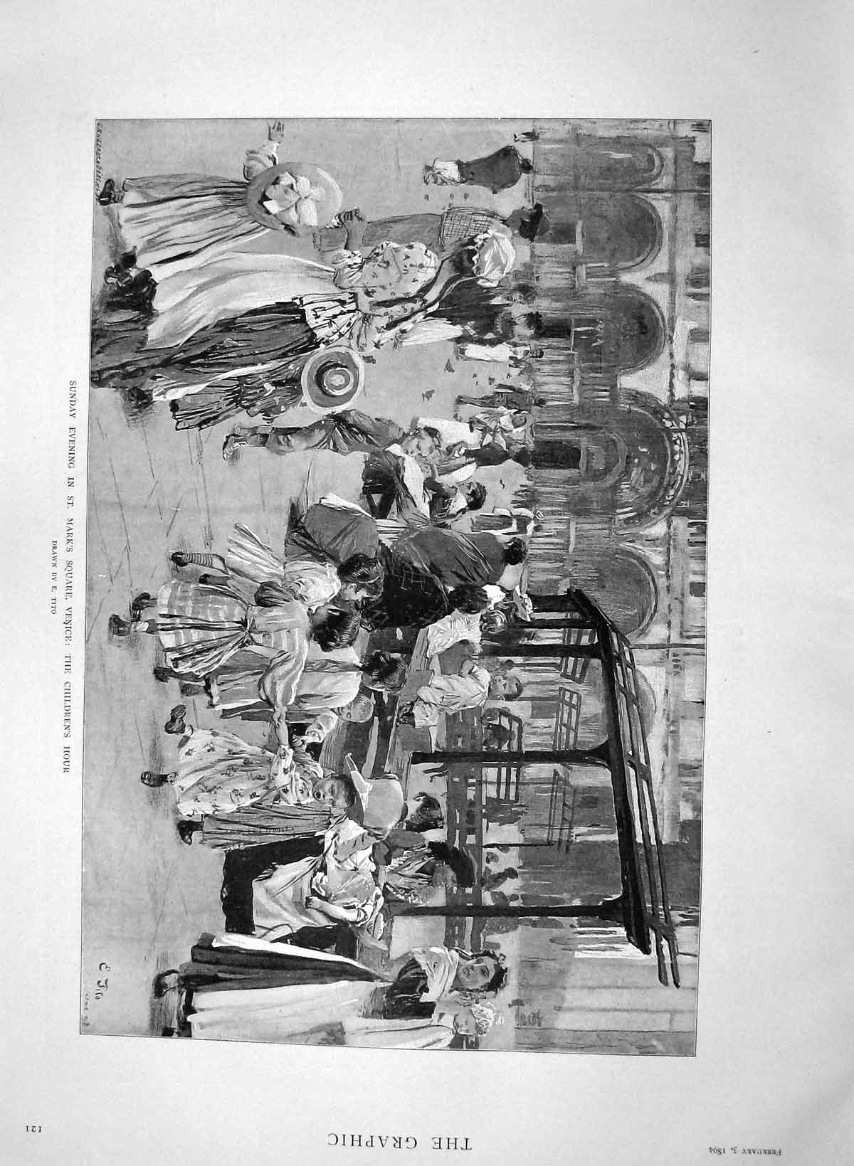 Old Antique Print 1894 Sunday Evening St. Mark'S Square Venice Children 19th