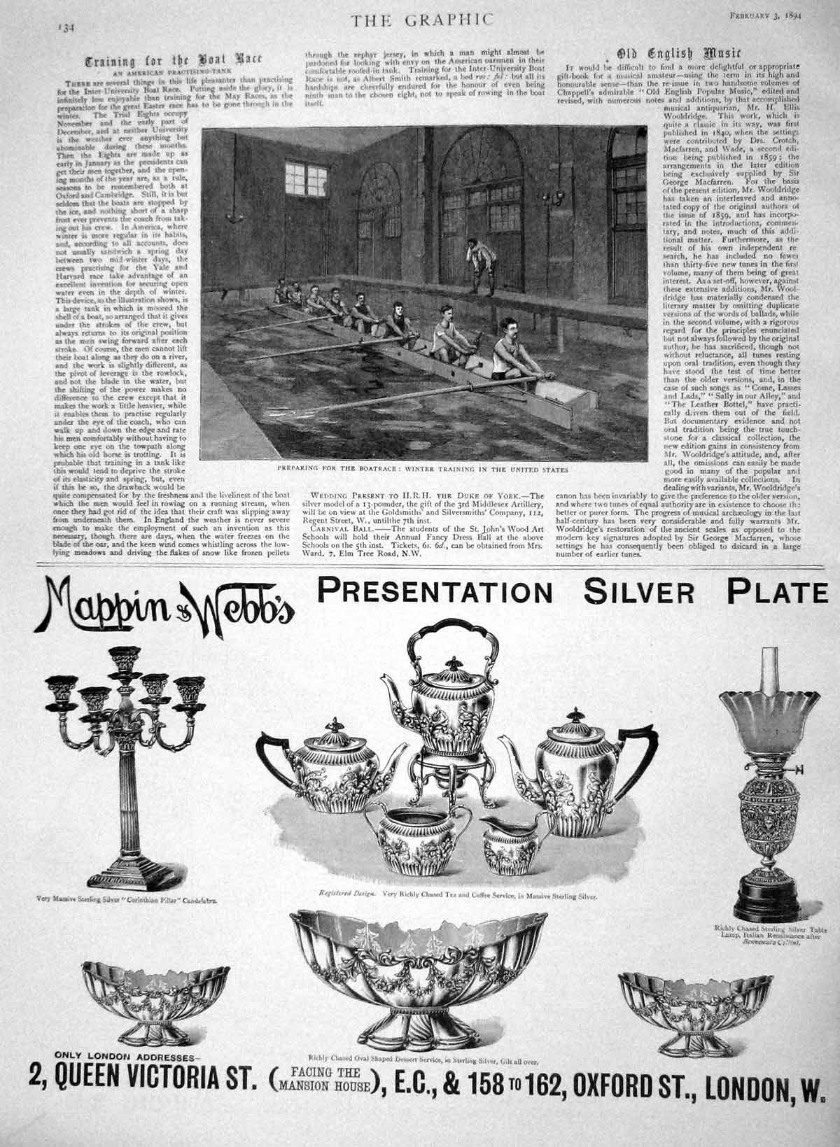 Original Old Antique Print 1894 Winter Boat Training America Mappin Webb Silver