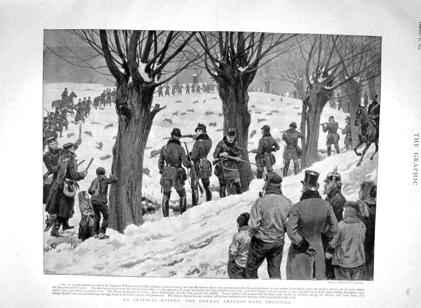 Old Antique Print 1894 German Emperor William Shooting Hare Hunting Sport 19th
