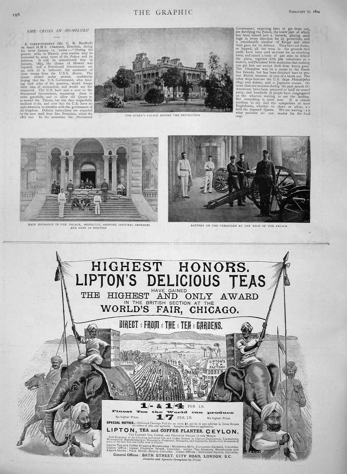 Original Old Antique Print 1894 Queen Palace Honolulu Battery Lipton Tea 19th