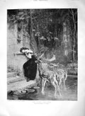 Original Old Antique Print 1894 Ruined Santuary Crying Lady Fawn Deer Victorian