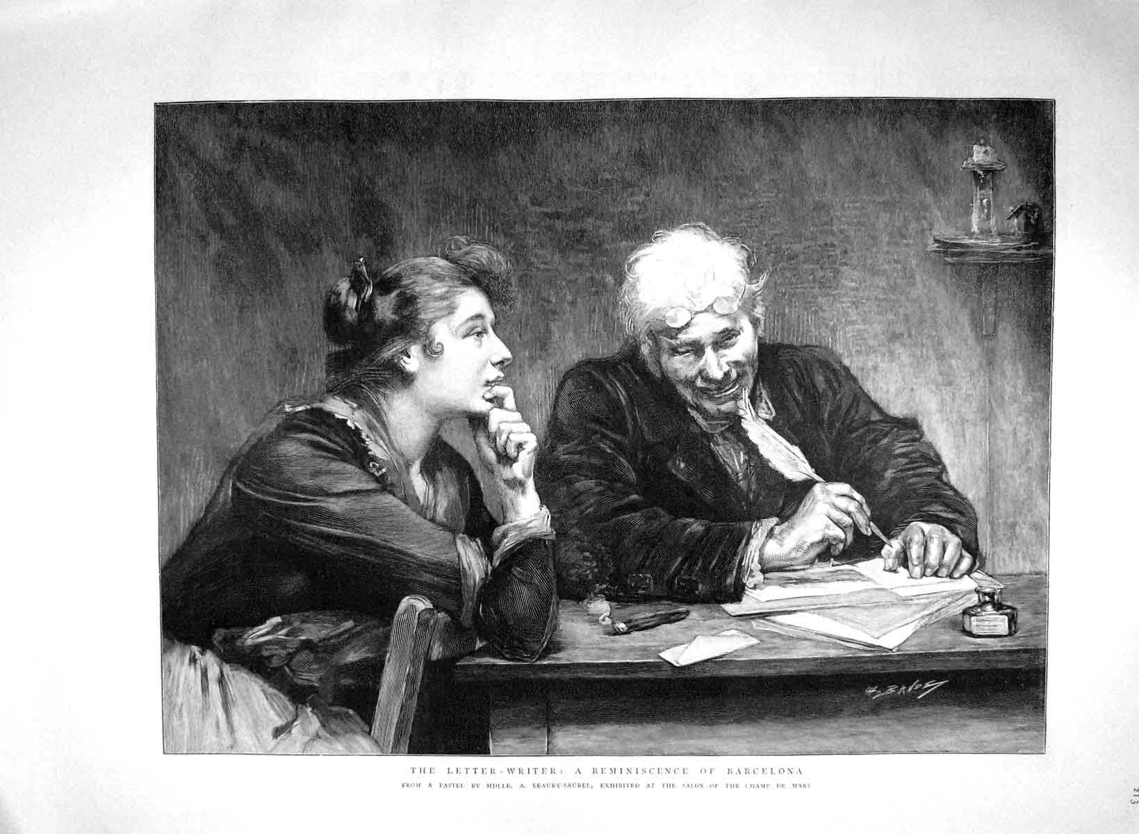 Original Old Antique Print 1894 Letter Writer Reminiscence Barcelona Fine Art