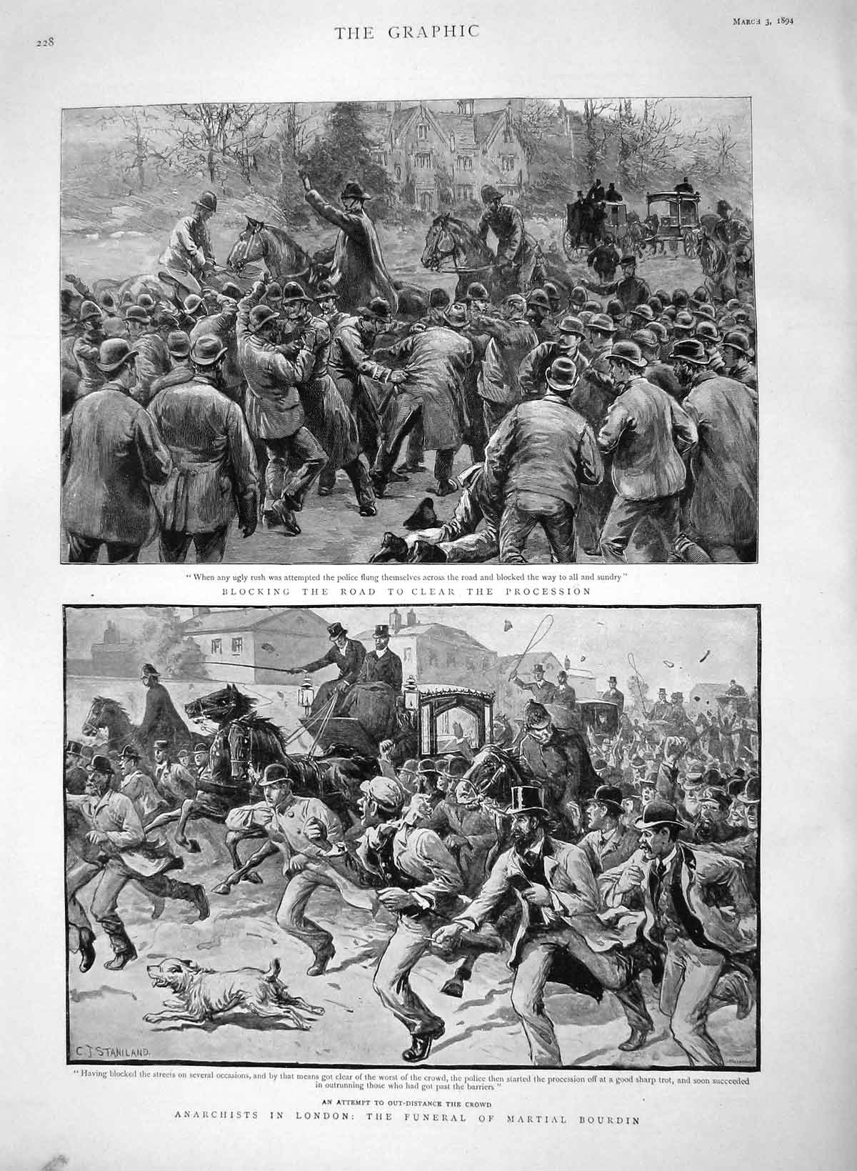 Original Old Antique Print 1894 Anarchists London Funeral Martial Bourdin 19th