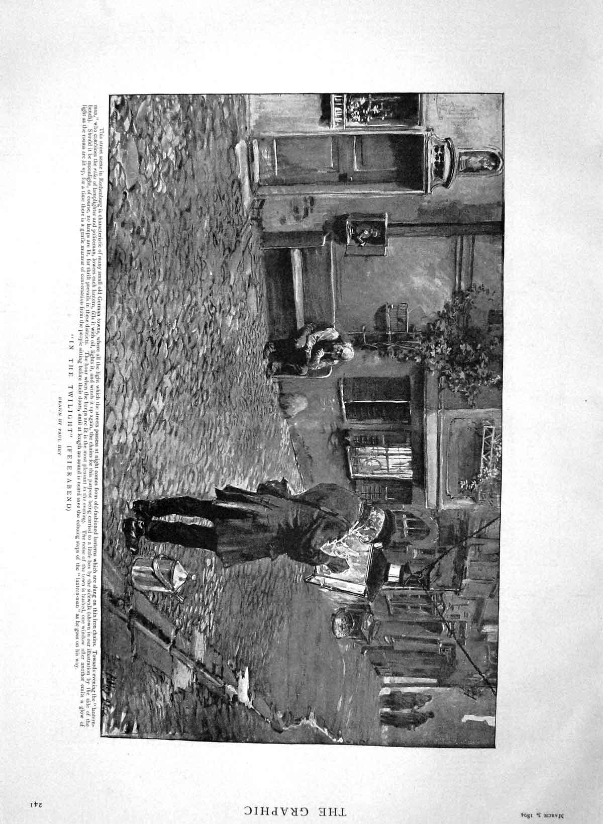 Original Old Antique Print 1894 Street Scene Rothenburg Germany Lantern Light