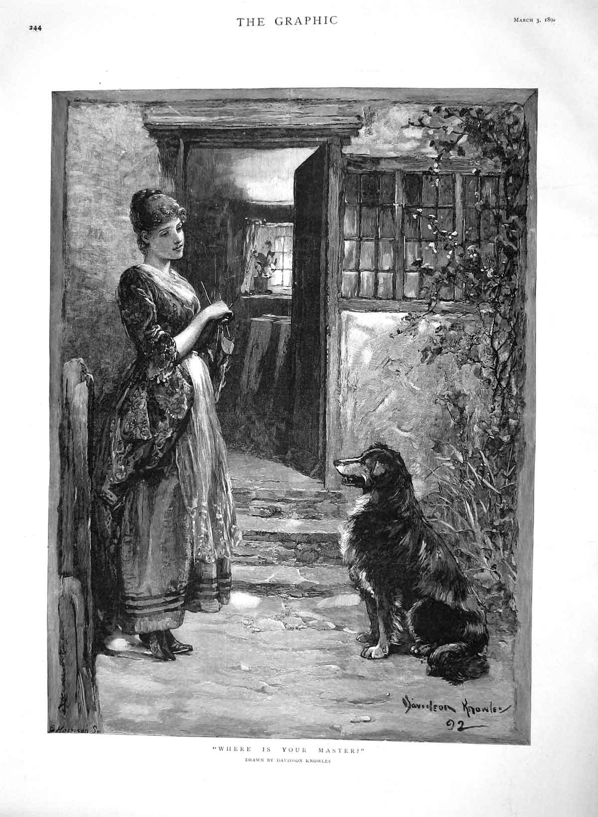 Old Antique Print 1894 Where Is Your Master Young Lady Lost Dog Knowles 19th