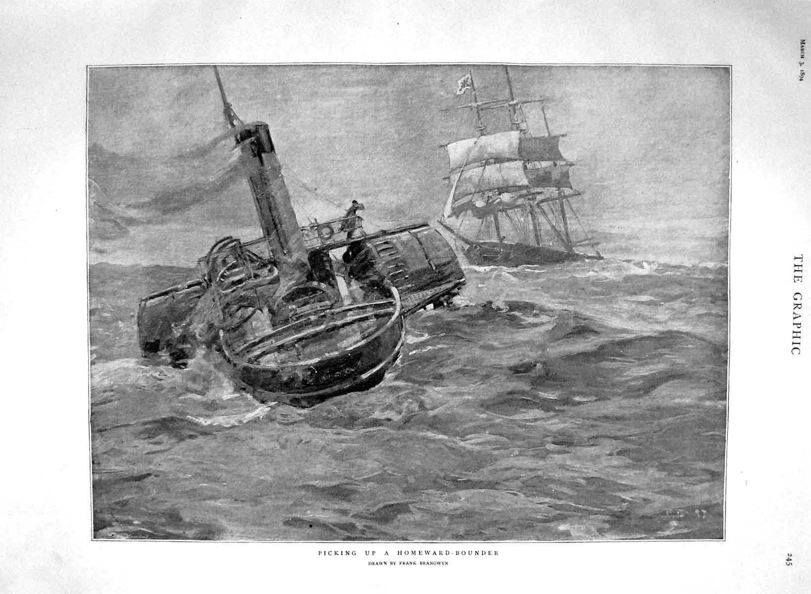 Old Antique Print 1894 Life Boat Rescue Ship Picking Up Homeward-Bounder 19th