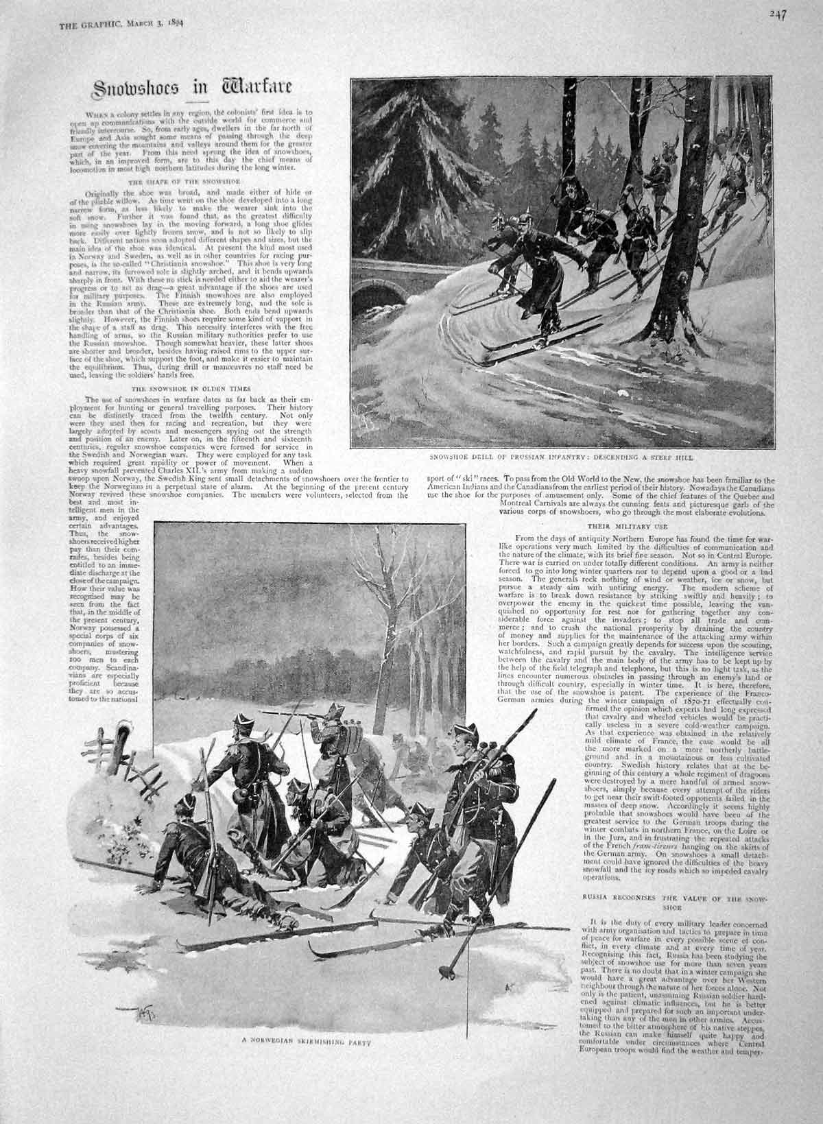 Original Old Antique Print 1894 Snowshoes War Prussian Infantry Norwegian Wolf